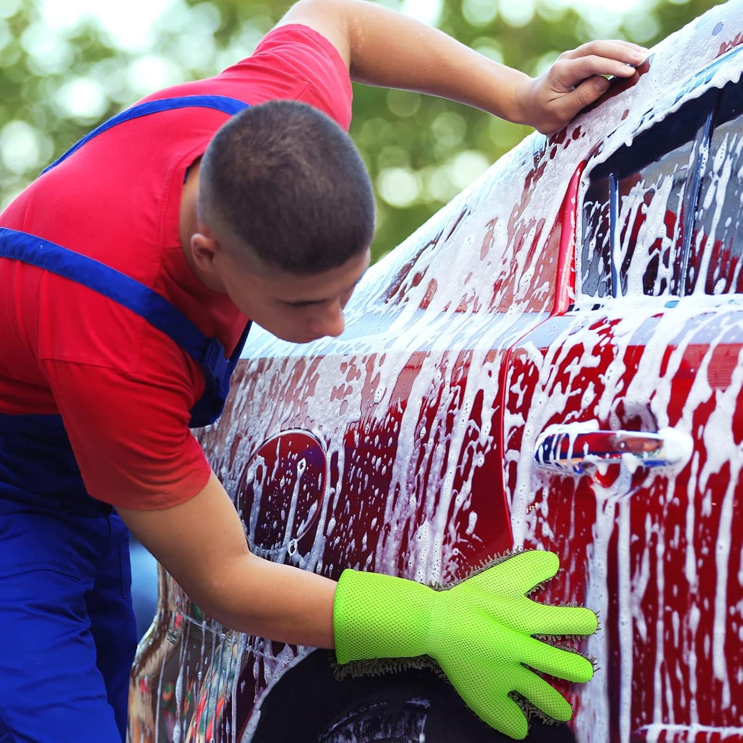 Ferraycle 2 Packs Car Wash Mitt 5 Finger Microfiber Wash Mitts Auto Car Dusting Gloves Double Sided Cleaning Gloves for Kitchen Home(Blue and Gray)
