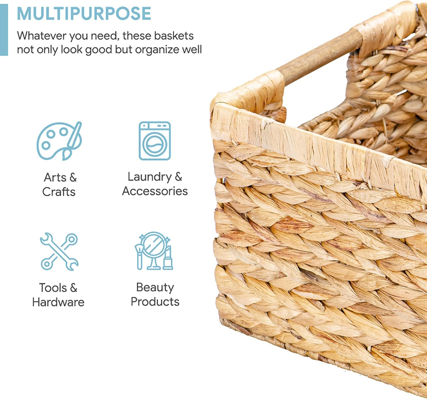VATIMA Large Rectangular Wicker Basket with Wooden Handles for Shelves and Storage - Natural Water Hyacinth Basket for Organizing, 14.5 x 10.3 x 7.5 inches