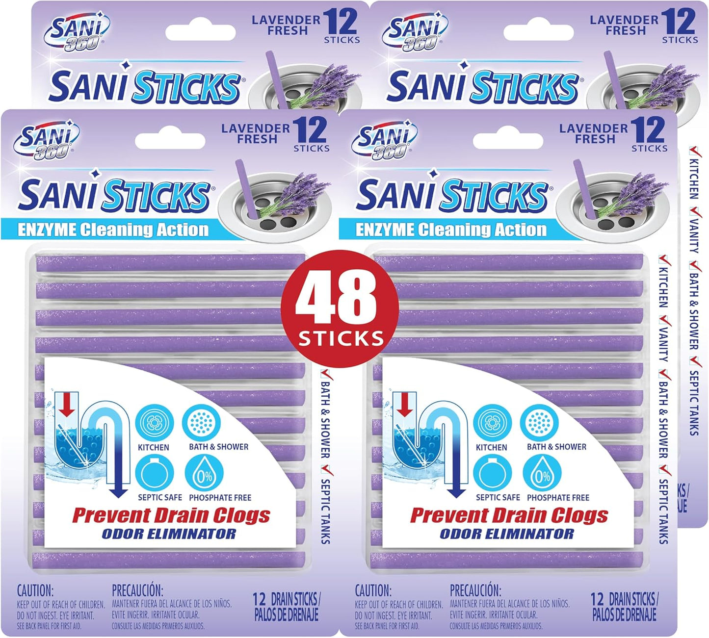 SANI 360° Sani Sticks Drain Cleaner and Deodorizer, 48 Count, Lavender Scent Enzyme Pipe Cleaners, Eliminate Odors, Prevent Clogged Drains, Safe for Sinks, Bathtub Drains, Septic Tanks