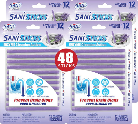 SANI 360° Sani Sticks Drain Cleaner and Deodorizer, 48 Count, Lavender Scent Enzyme Pipe Cleaners, Eliminate Odors, Prevent Clogged Drains, Safe for Sinks, Bathtub Drains, Septic Tanks
