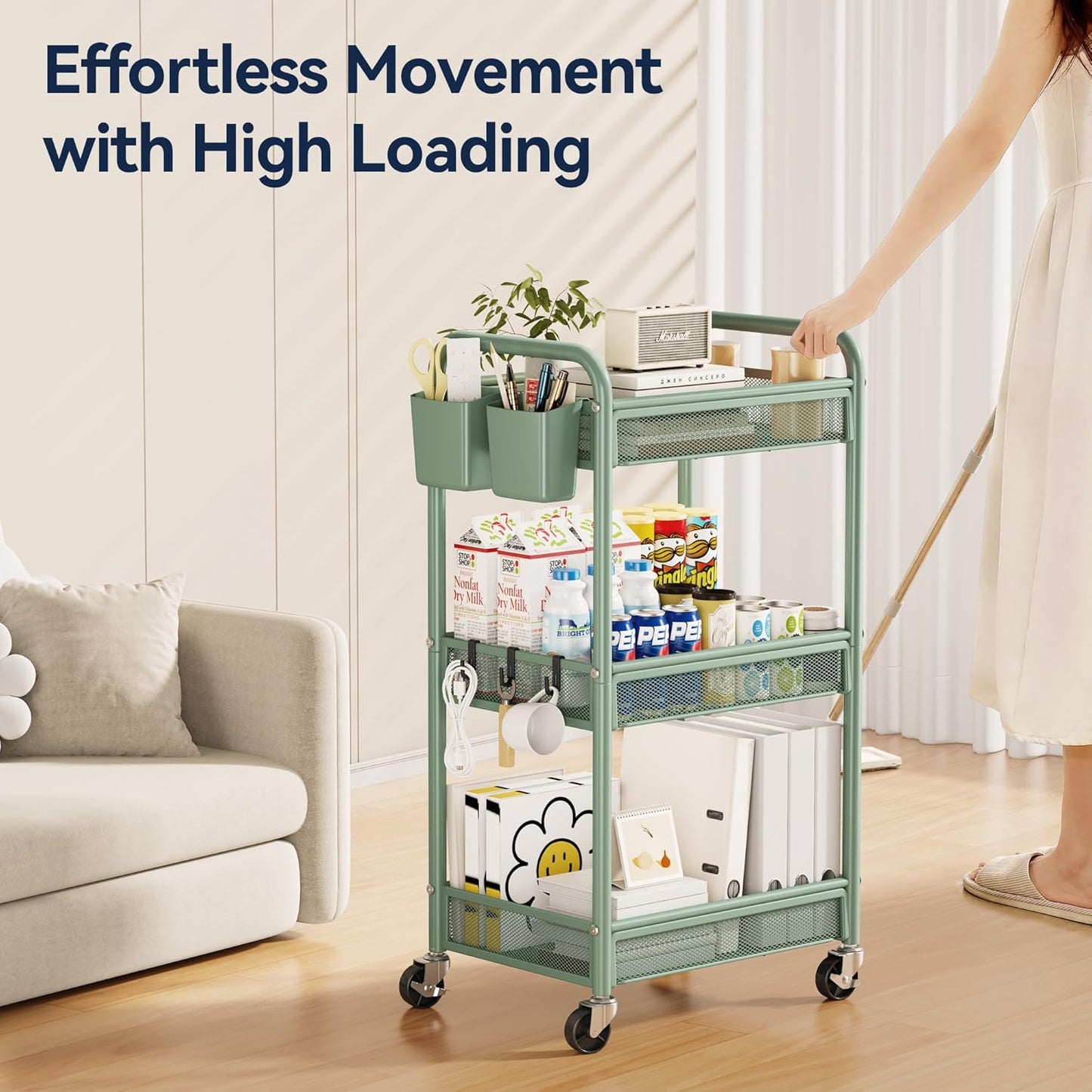 YASONIC 3 Tier Rolling Cart – Metal Utility Storage Cart with Wheels, Craft Carts Organizer with Hanging Cups, Hooks, Mesh Basket for Bedside Kitchen Office Art, Green