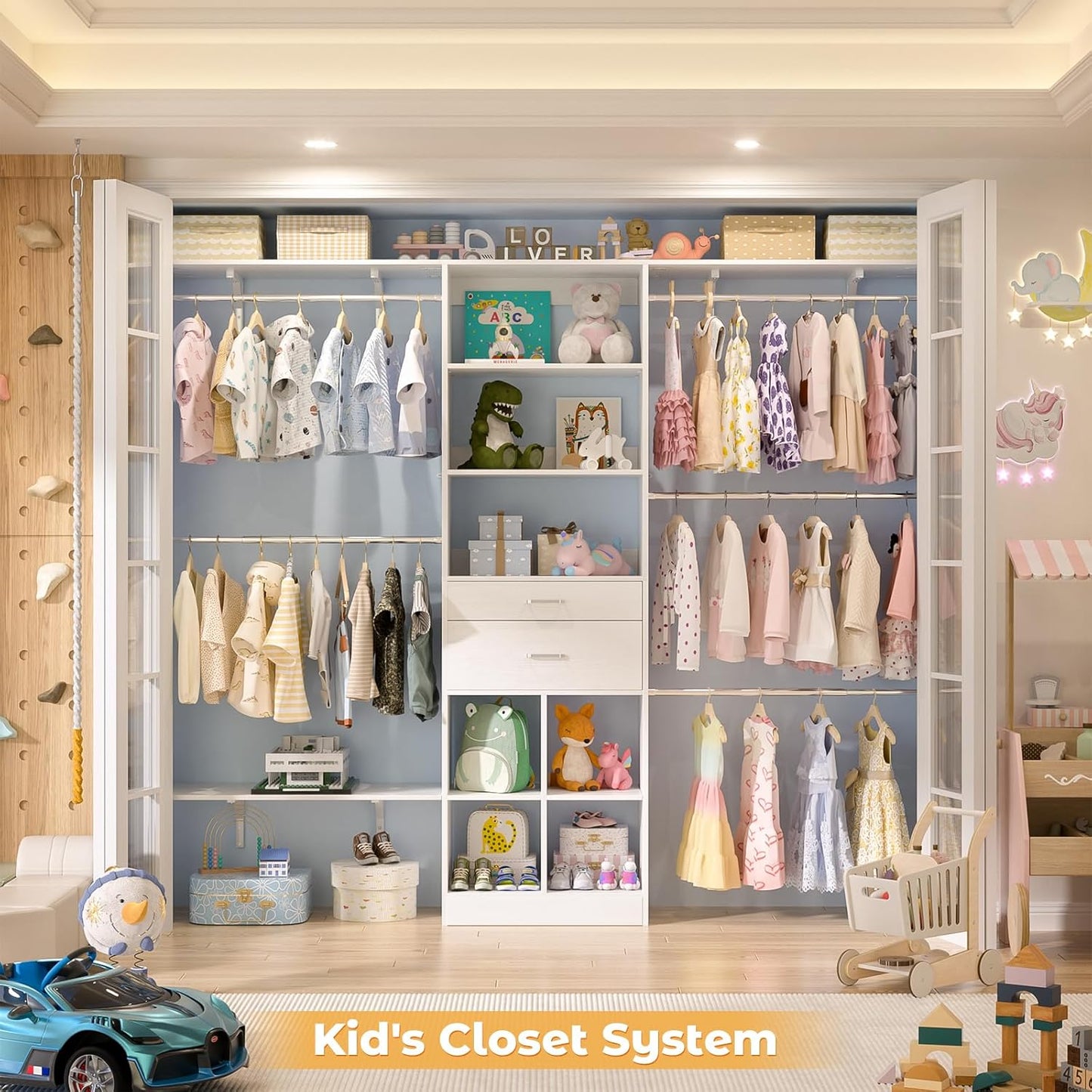 Closet System - 4.75-8FT Closet Organizer System with Wooden Drawers & Cube Storage Organizer, Up To 96" Closet Systems for Nursery & Walk-In Closets with Cuttable Hanging Shelving, White