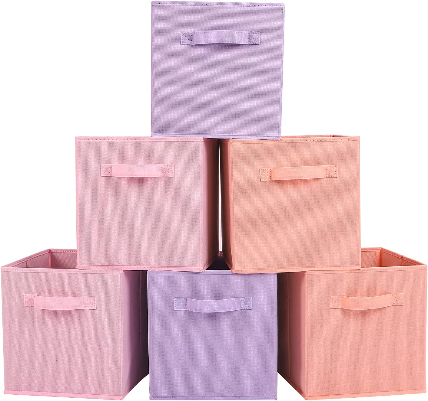 Stero Fabric Storage Bins 6 Pack Fun Colored Durable Storage Cubes with Handles Foldable Cube Baskets for Home, Kids Room, Closet and Toys Organization Purple, Pink, peachpuff