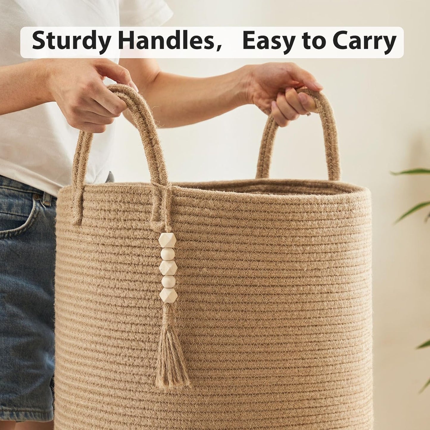 Jute Woven Rope Laundry Hamper, Tall Laundry Basket for Blanket Storage, Large Dirty Clothes Hamper for Toys, Decorative Baby Nursery Hamper for Bedroom, Living Room - Jute Brown, 58L