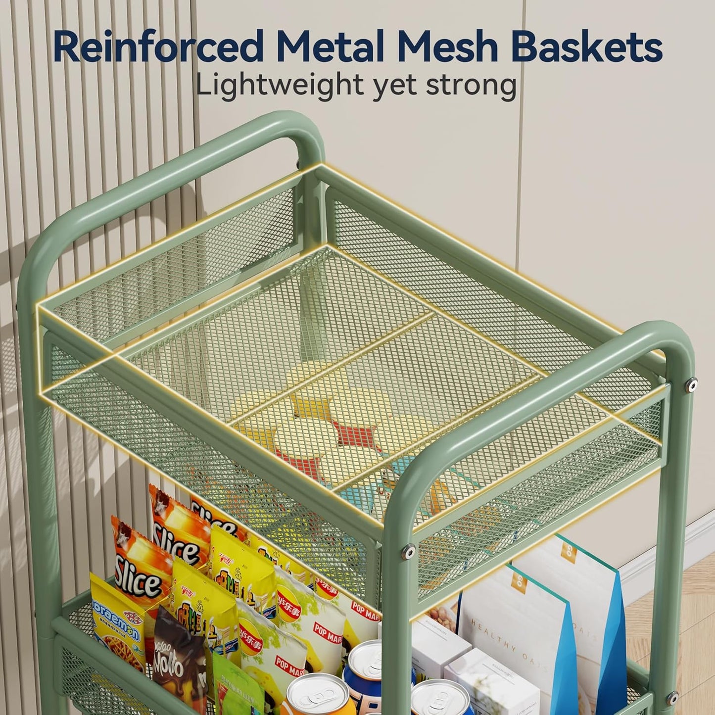 YASONIC 3 Tier Rolling Cart – Metal Utility Storage Cart with Wheels, Craft Carts Organizer with Hanging Cups, Hooks, Mesh Basket for Bedside Kitchen Office Art, Green