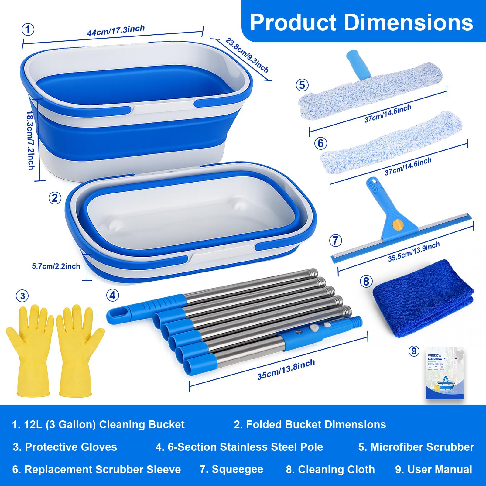 Window Cleaning Kit, Window Washing Kit with 3 Gallon Collapsible Bucket, 14-Inch Squeegee &