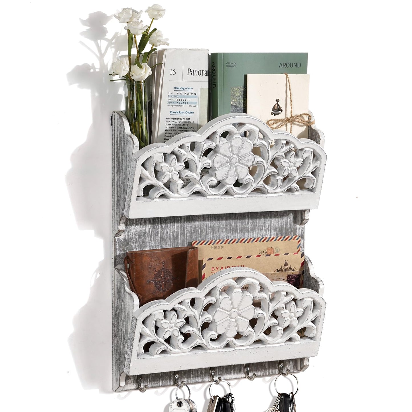 Key and Mail Holder for Wall, 2-Slot Mail Organizer Wall Mount 5 Key Hooks