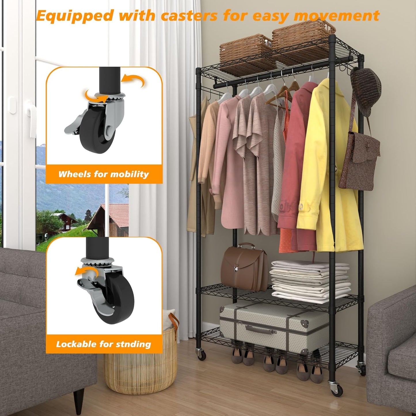 Rolling Portable Garment Rack,Freestanding Clothes Racks, Portable Closet Wardrobe with 3 Adjustable Wire shelves,2 Side Hooks, Black