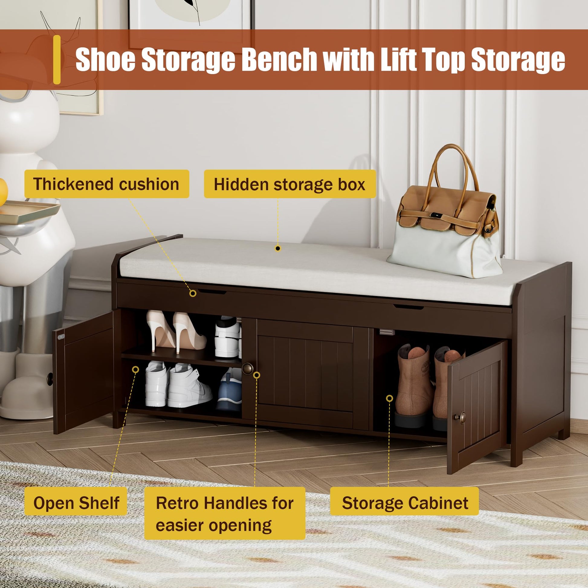 HOMEFORT 41.3" Shoe Bench with Lift Top Storage, Entryway Bench with Cushioned Seat, Wooden End of
