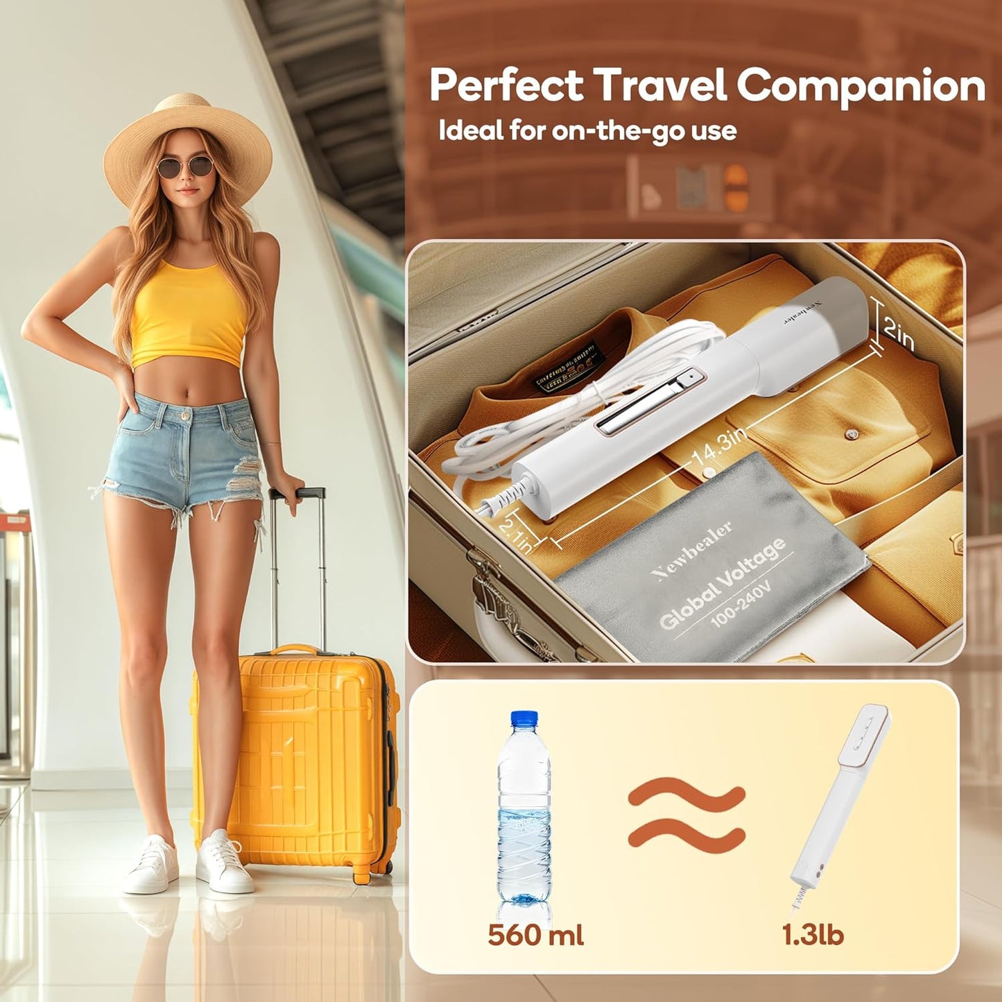 Newbealer 2in1 Travel Iron with Global Voltage, 100-240V Clothes Steamer, Dry Ironing & 2 Steam Levels, Non-Stick Ceramic Soleplate, Fabric Wrinkle Remover, Auto-off, Self Cleaning, No Clamp (Gold)