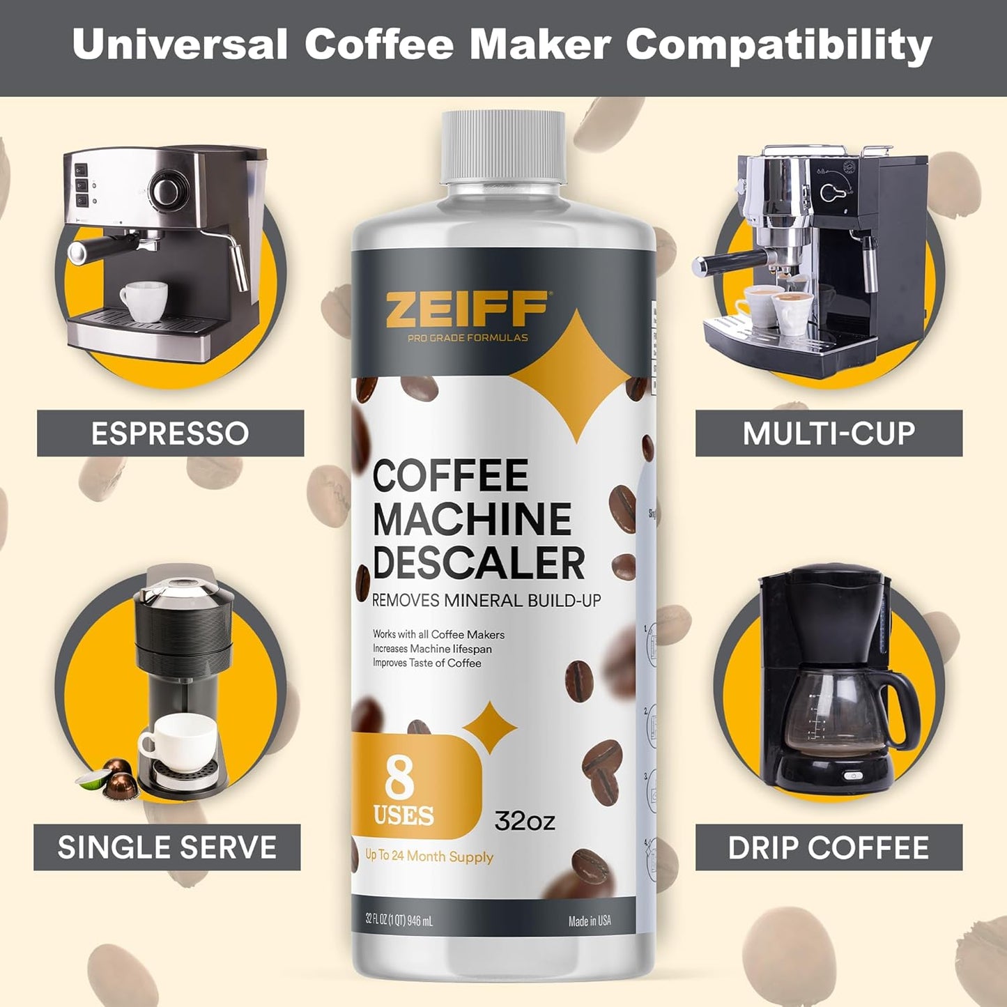 Coffee Machine Descaler - 32oz (8 Uses) - Compatible with Nespresso, Breville, Delonghi, Keurig Descaling Solution for Coffee Maker Cleaner and Descaler - Coffee and Espresso Machine Descaler
