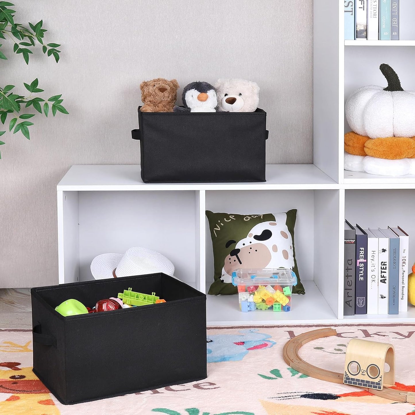 WUIKE Foldable Fabric Storage Bins with Handles, Closet Storage Baskets for Shelves and Clothes Organization, Large Black Shelf Baskets, 3-Pack, Black, Large