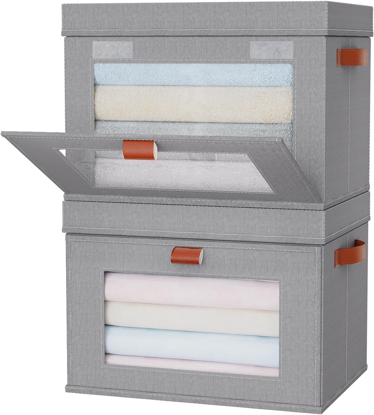 Large Storage Bins with Lids,Stackable&Collapsible Closet Storage Bins,Oxford Fabric Organizer Box with Clear Window,Large Decorative Storage Boxes for Shelves,Wardrobe,Living Room,Dorm(Grey)