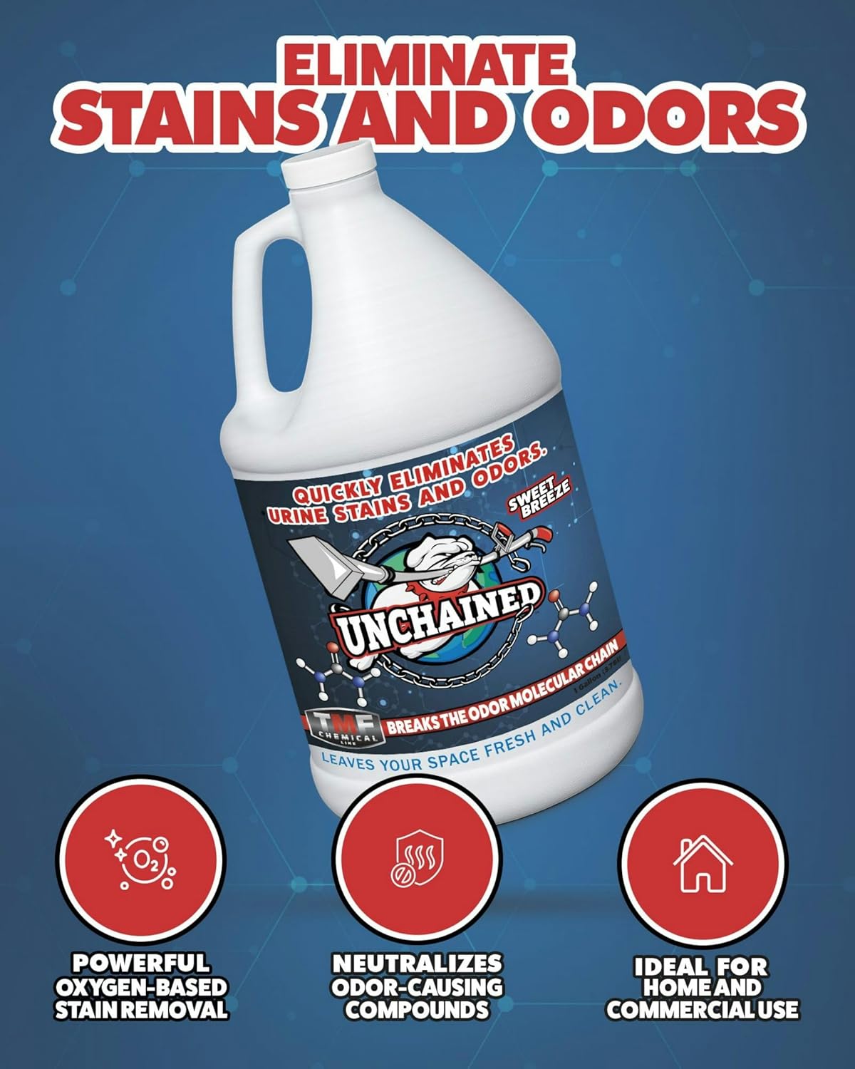 Unchained Urine Stain & Odor Remover Liquid Concentrate - Oxygen Based Odor Control Formula, Pet Smell Eliminator, Ideal for Carpets, Concrete, or Furniture, Sweet Breeze, 1 Gallon