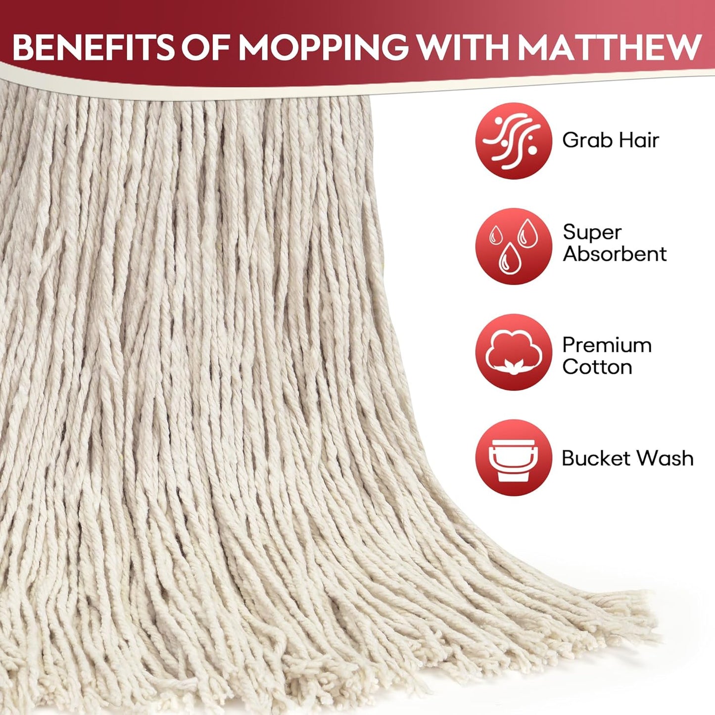 Matthew Cleaning 24oz 6Pack Cotton Floor Mop, Looped-Open String Heavy Duty Refills, Universal Headband Blend, Head Replacement for Home, Industrial and Commercial Use (White)