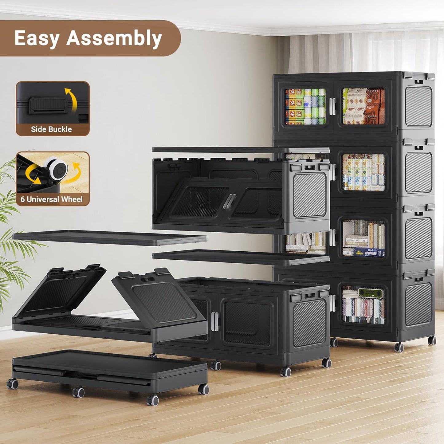 BROVIEW 900 Qt Stackable Storage Bin with Lid, 225Gal Extra Large Collapsible Storage Boxes, Folding Plastic Drawer, Heavy-Duty Store Cabinet, Closet Organizer for Home Kitchen, 3 Pack Black