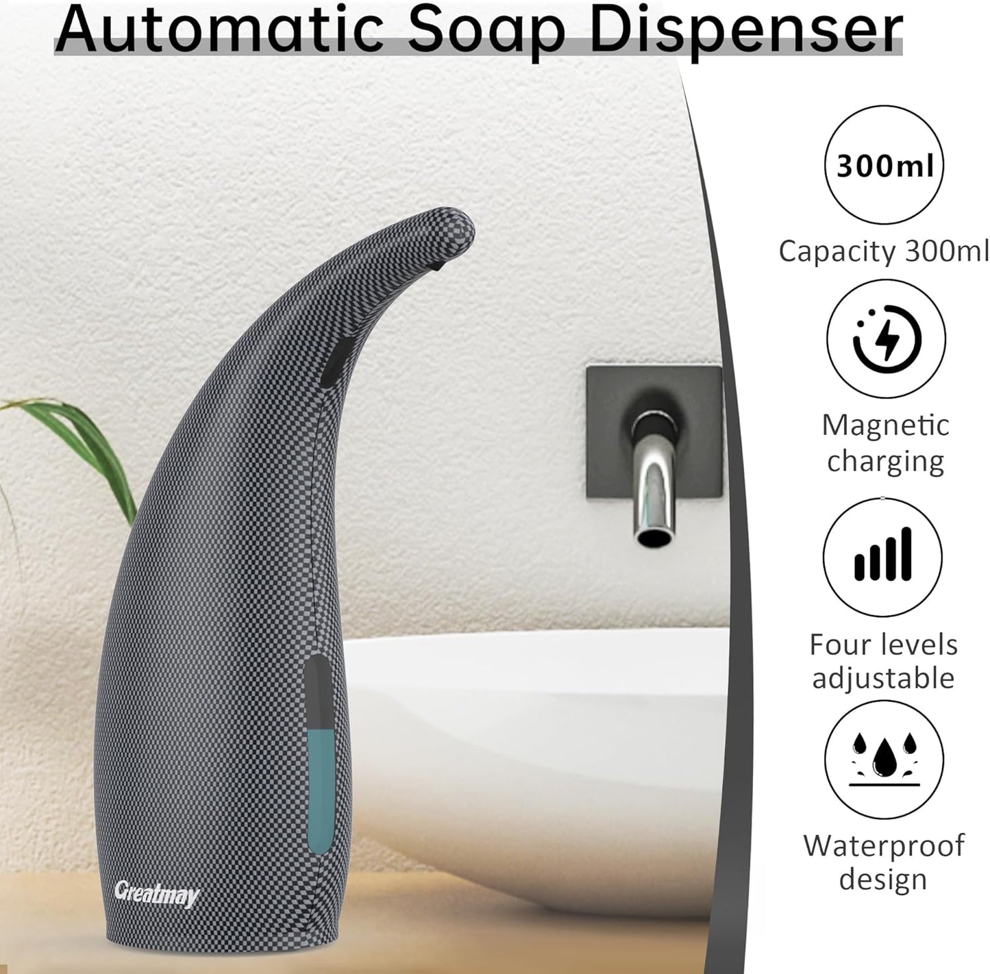 Adjustable Automatic Soap Dispenser Touchless, 4 Adjustable Levels Touchless Sensor Liquid Soap Pump Dispenser，300ml Rechargeable Magnetic Charging Hand Soap Dispenser for Kitchen，Bathroom