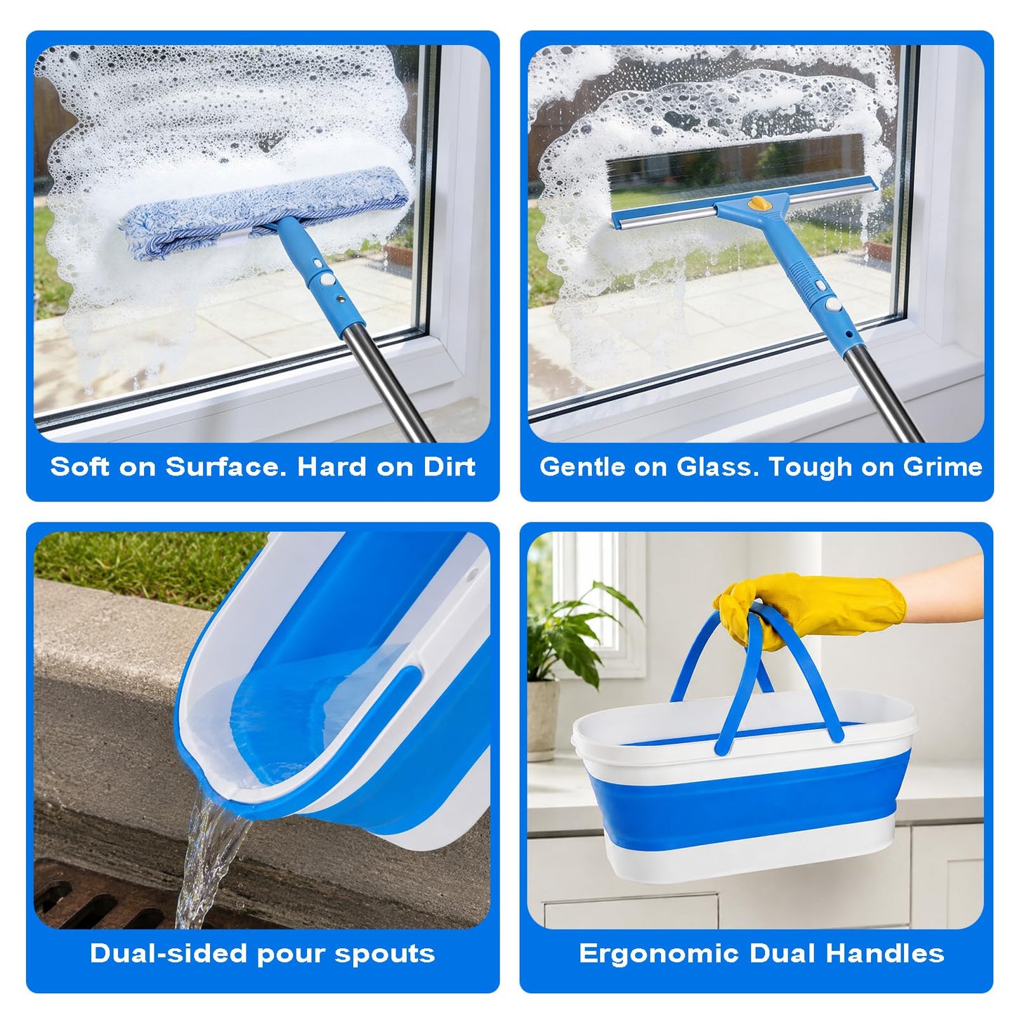 Window Cleaning Kit, Window Washing Kit with 3 Gallon Collapsible Bucket, 14-Inch Squeegee &