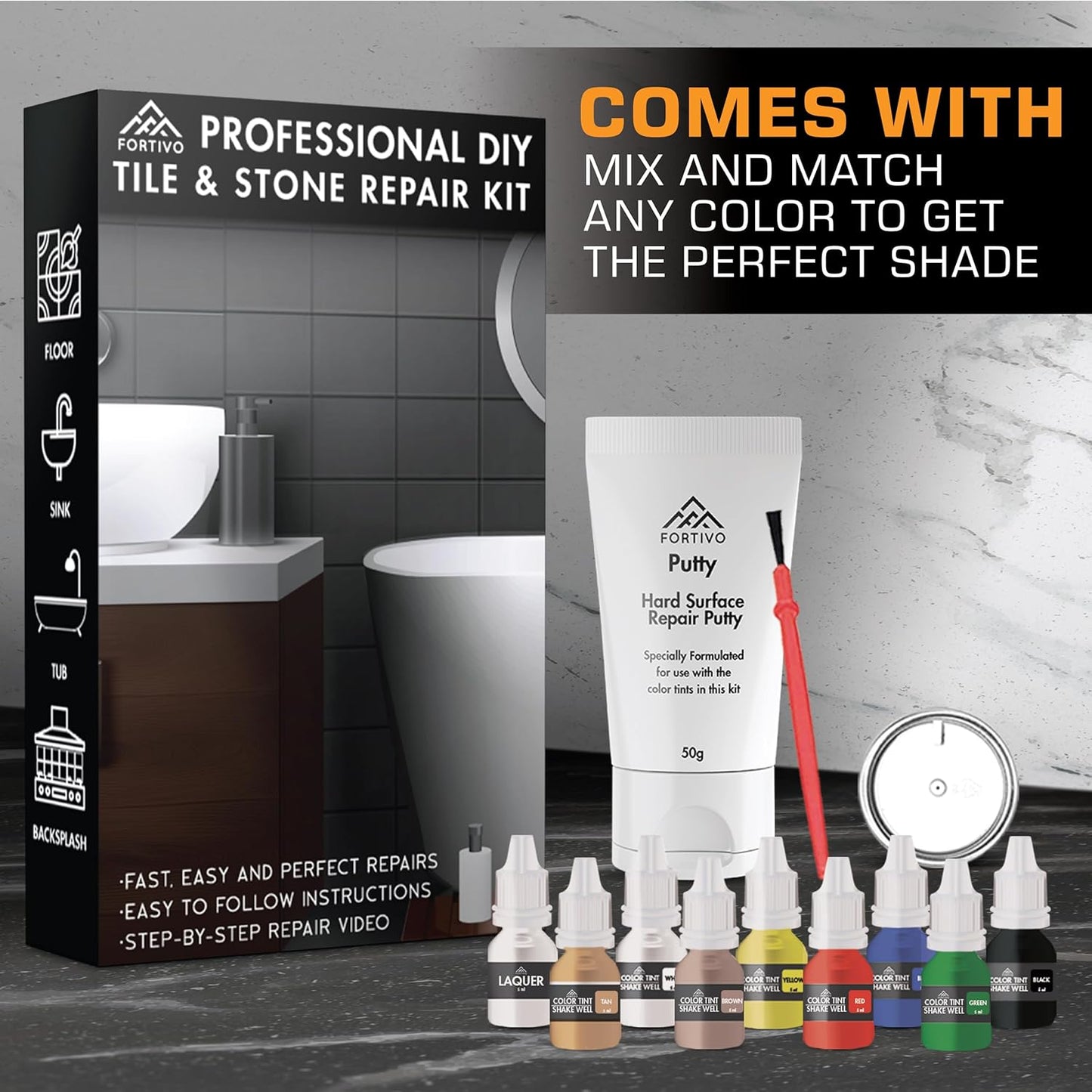 Porcelain Repair Kit - Tile and Stone Repair, Marble Repair, Tub and Tile Refinishing, Crack and Chip Filler for Ceramic Floors, Shower Tiles, Bathtubs, and Granite Surfaces