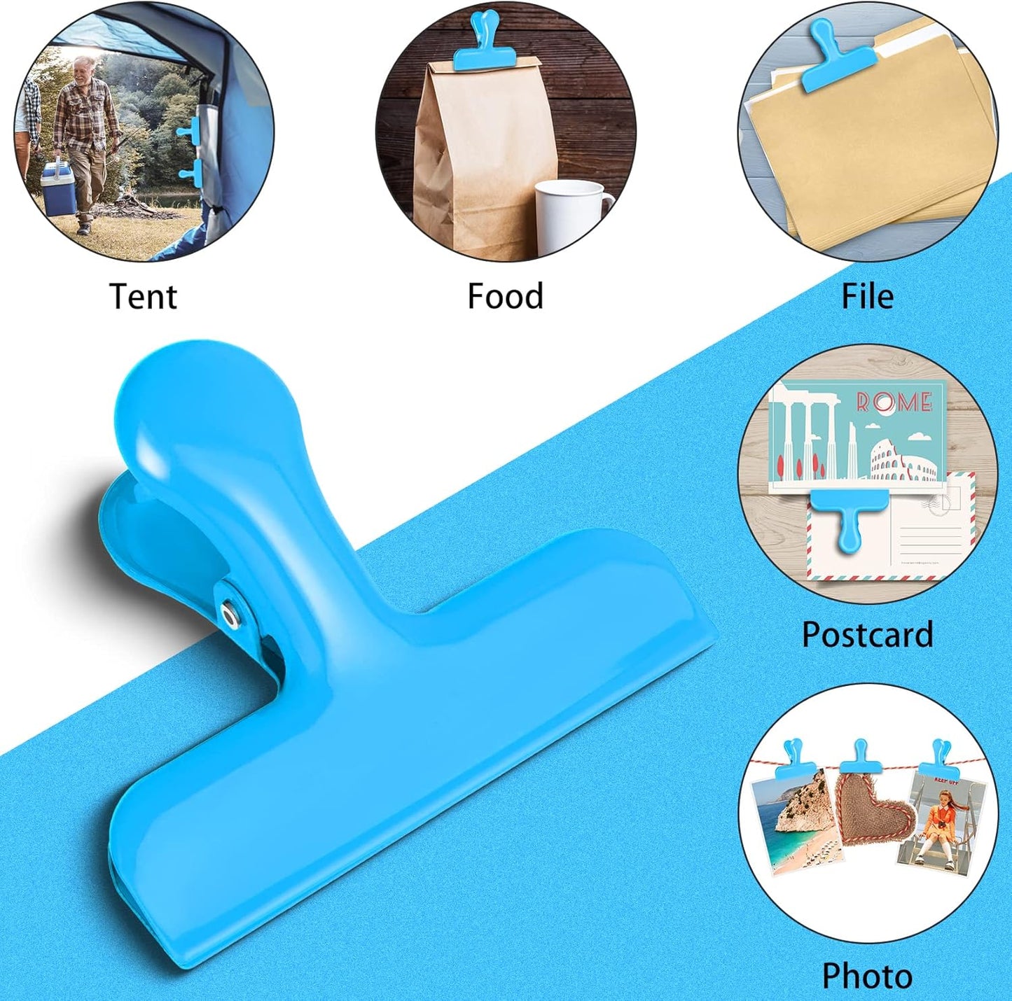 Bag Clips Heavy Duty Stainless Steel Chip Clips, Food Bags Clamp Great for Kitchen Office to Seal Coffee Bags, Paper Sheets - Pack of 8（Blue）