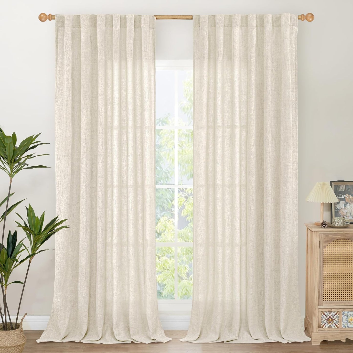 YoungsTex Linen Curtains 95 Inch Length for Living Room 2 Panels, Cream Semi Sheer Window Treatments with Rod Pocket Back Tab Light Filtering for Bedroom Dining Room Office, 52 X 95 Inch