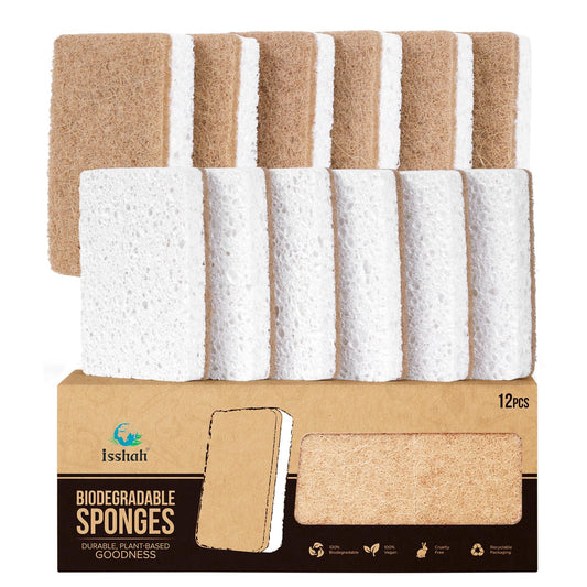 Isshah Plant-Based Kitchen Sponges - FSC Certified and PETA Approved, Natural, Eco-Friendly