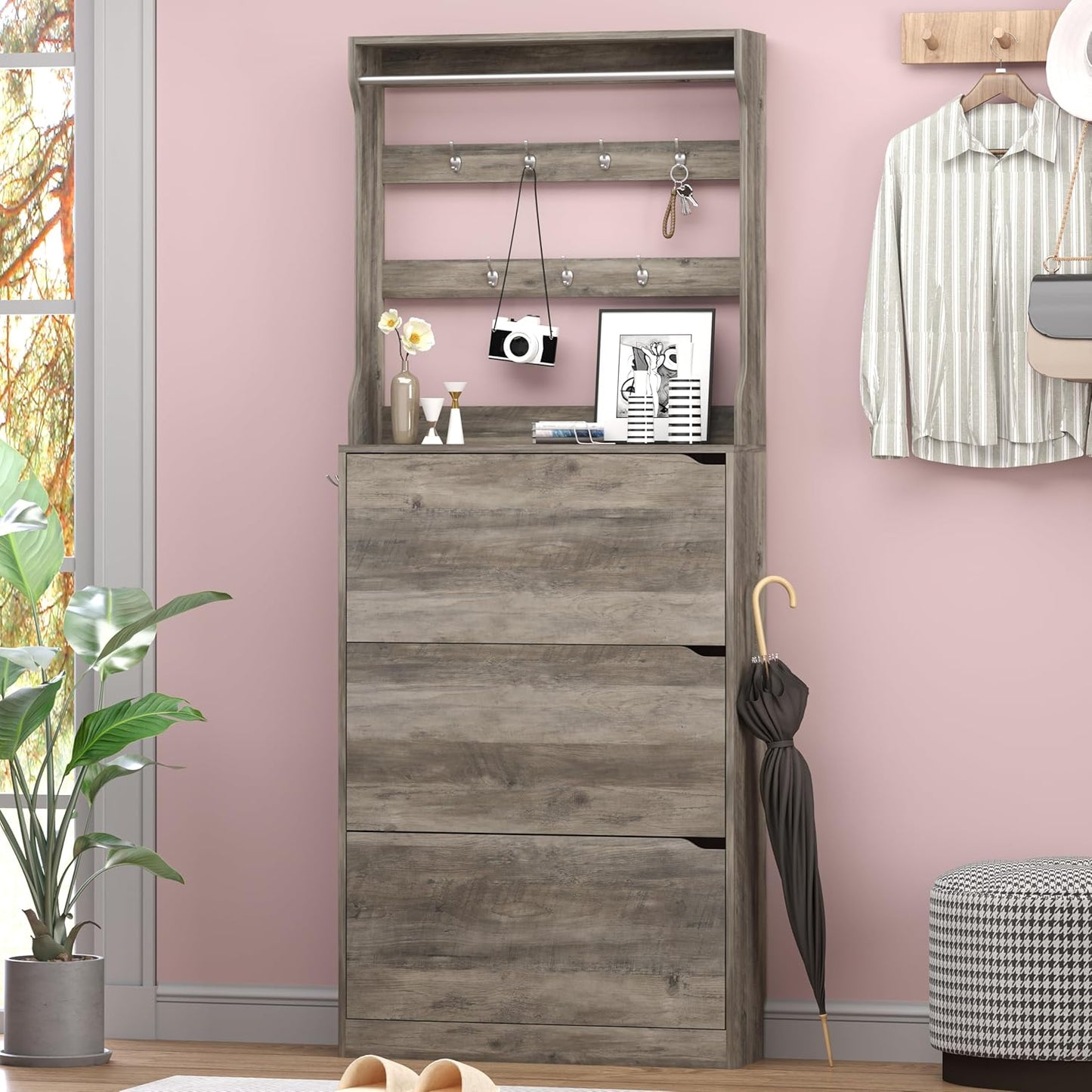 Shoe Cabinet with 3 Flip Drawers & Coat Rack, Narrow Hidden Shoe Storage Cabinet, 2-in-1 Hall Tree Slim Freestanding Shoe Rack Organizer for Entryway, Hallway, and Living Room