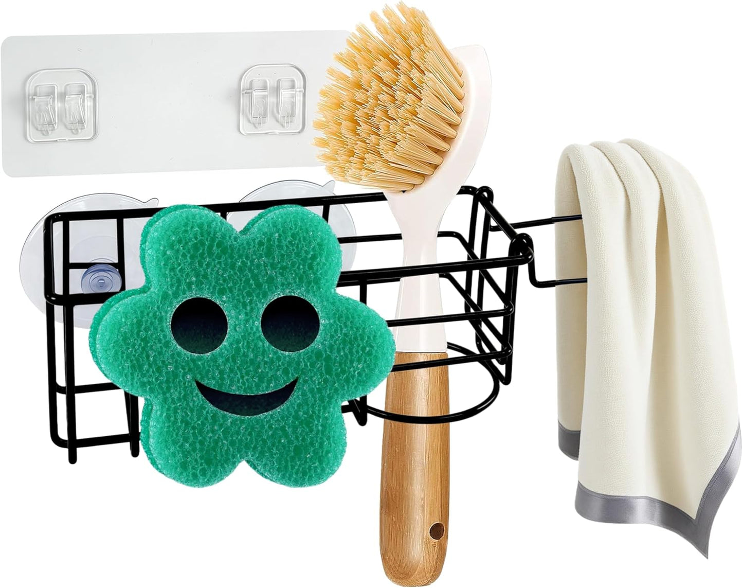 Sponge Holder Smile Face with Dish Cloth Hanger for Kitchen Sink, In-sink Caddy Organizer with Suction Cups & Adhesive Strips, Rustproof Sponge Rack for Soap, Brush, Scrubber - Black