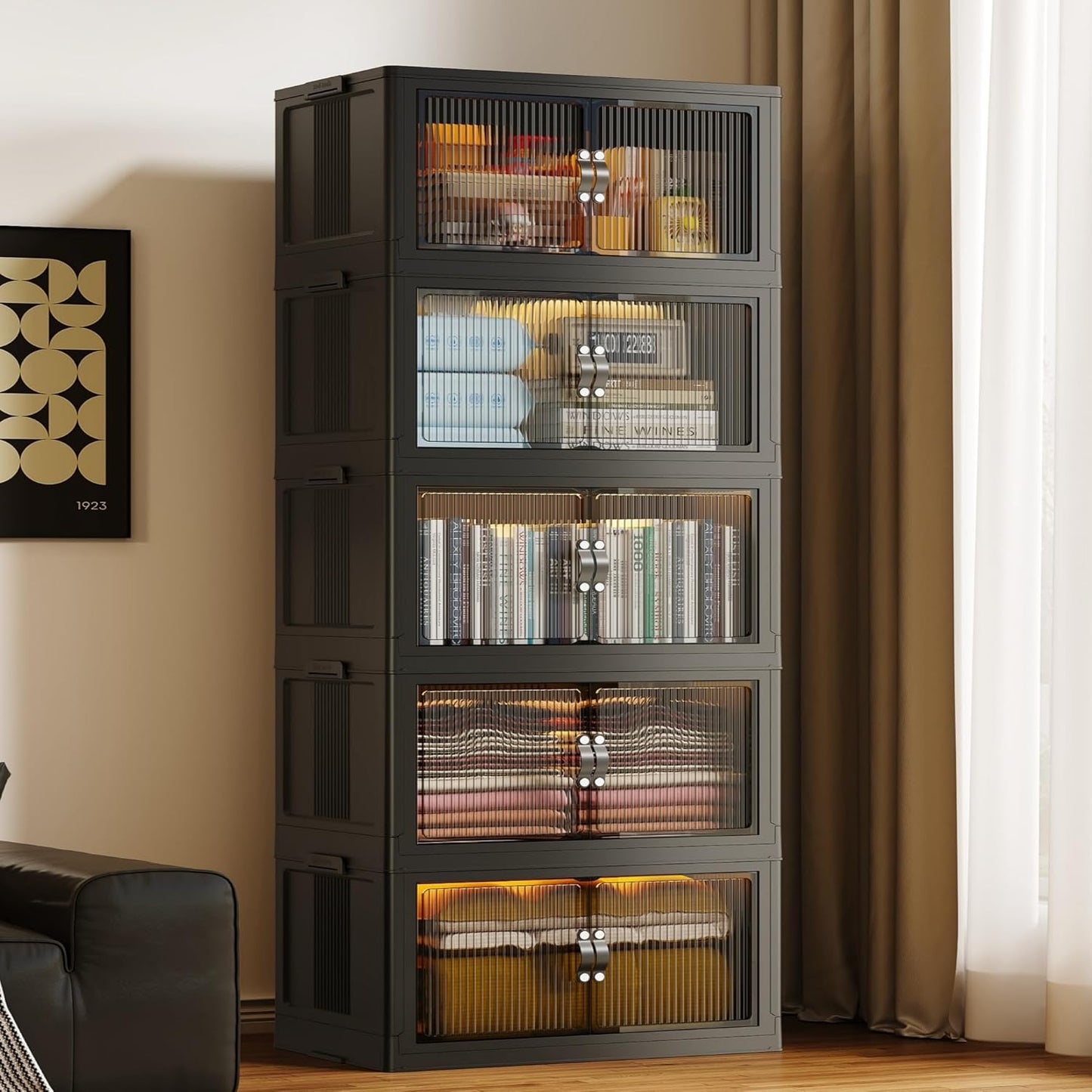 SAILUN 136Gal/543Qt Stackable Storage Bins Folding Collapsible Storage Bins with Lid, Closet Organizers and Storage, Storage Box with Door Black 26" W x 17" D x 71" H