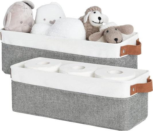 StorageWorks Narrow Storage Bins, Small Basket for Closet and Shelves, Fabric Organizer with Handles, Toilet Paper Storage, Grey and White, 2-Pack