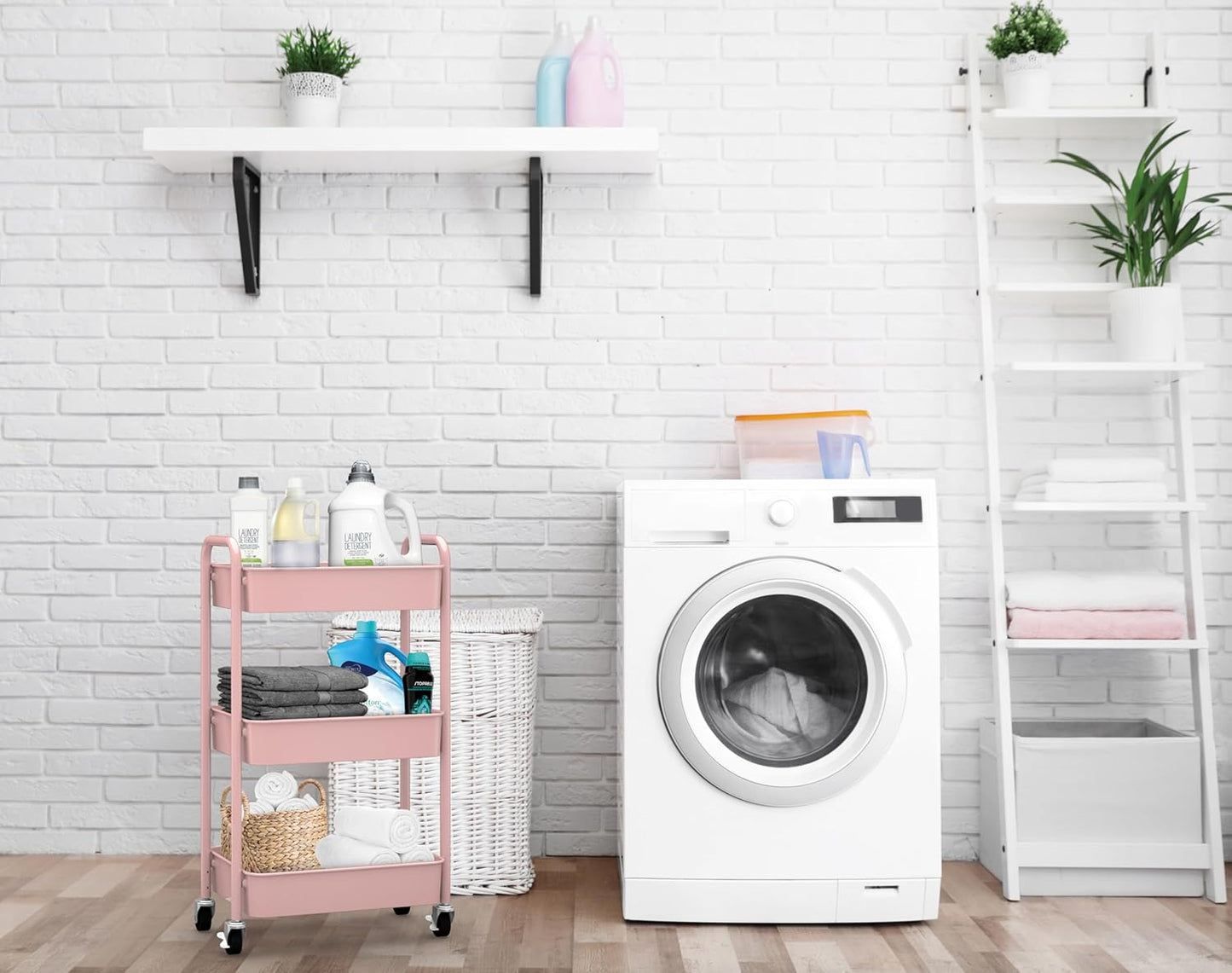 CAXXA 3-Tier Rolling Metal Storage Organizer - Mobile Utility Cart with Caster Wheels, Pink