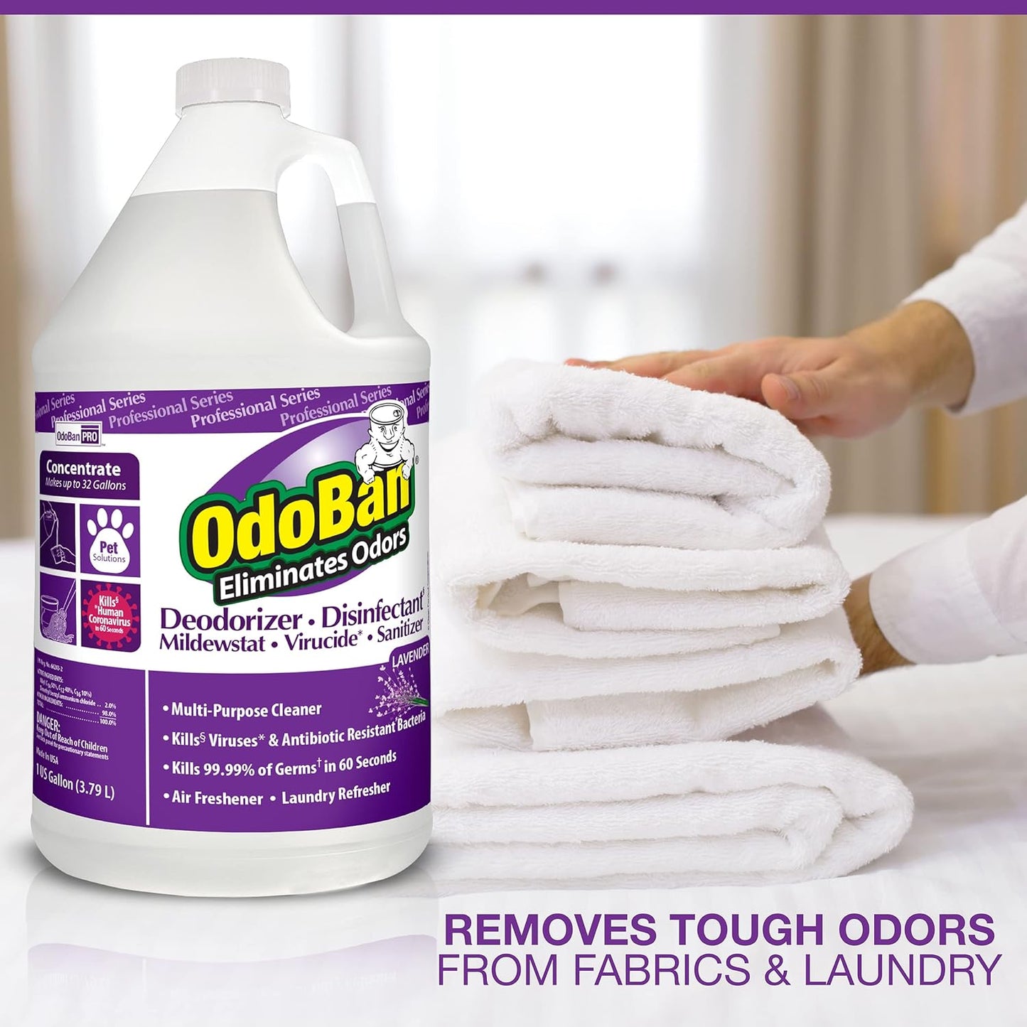 OdoBan Professional Disinfectant and Odor Eliminator Concentrate, Made in the USA, Lavender Scent, 1 Gallon