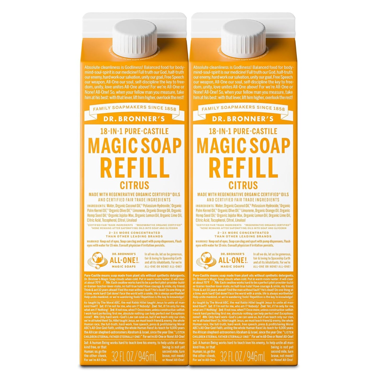 Dr. Bronner's Magic Soap-Pure-Castile Liquid Refill (Citrus, 32 ounce, 2-Pack) - Made with Regenerative Organic Certified Oils, For Body, Hair, Laundry, Pets & Dishes - Concentrated, Vegan, Non-GMO