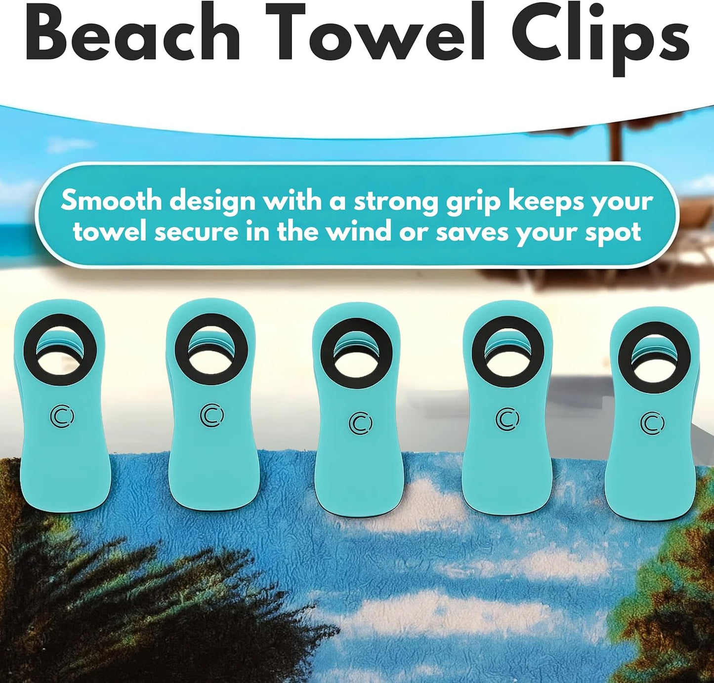 CoreClips Towel Clips for Beach Chairs - Set of 4 Pool Towel Holder Clips for Lounge Chairs on Cruise, Large 2.5” Opening Heavy Duty Clip for Towels on Boat Loungers with Travel Pouch - Turquoise