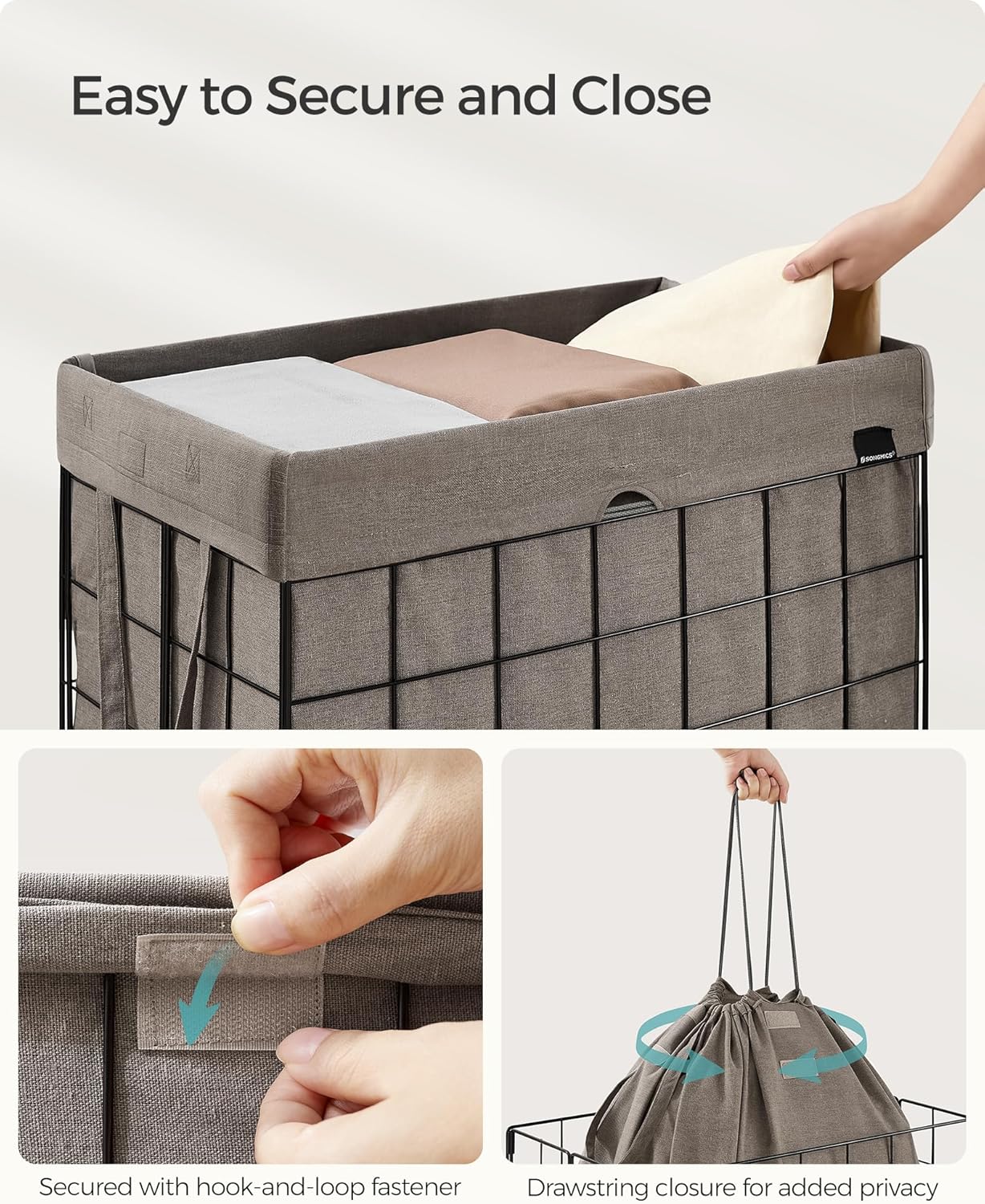 SONGMICS Laundry Hamper, 29 Gal. (110L) Laundry Basket, Collapsible Clothes Hamper, Removable and Washable Liner, Metal Wire Frame, for Bedroom Bathroom, Black and Camel Brown ULCB111N01