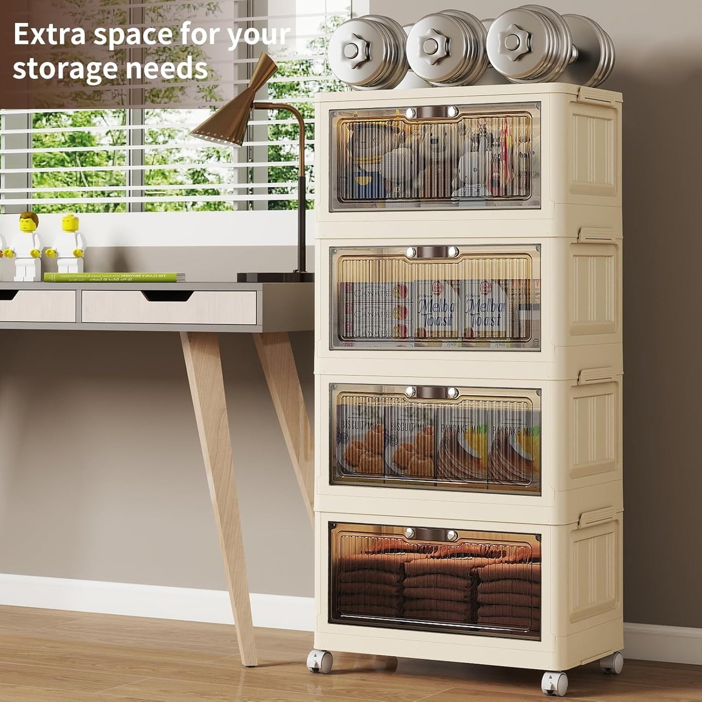 4 Tier - 48QT Storage Bins with Lids, Collapsible Storage Bins with Doors and Wheels, Plastic Storage Cabinet for Easy Storage and Organization for Living Room, Office