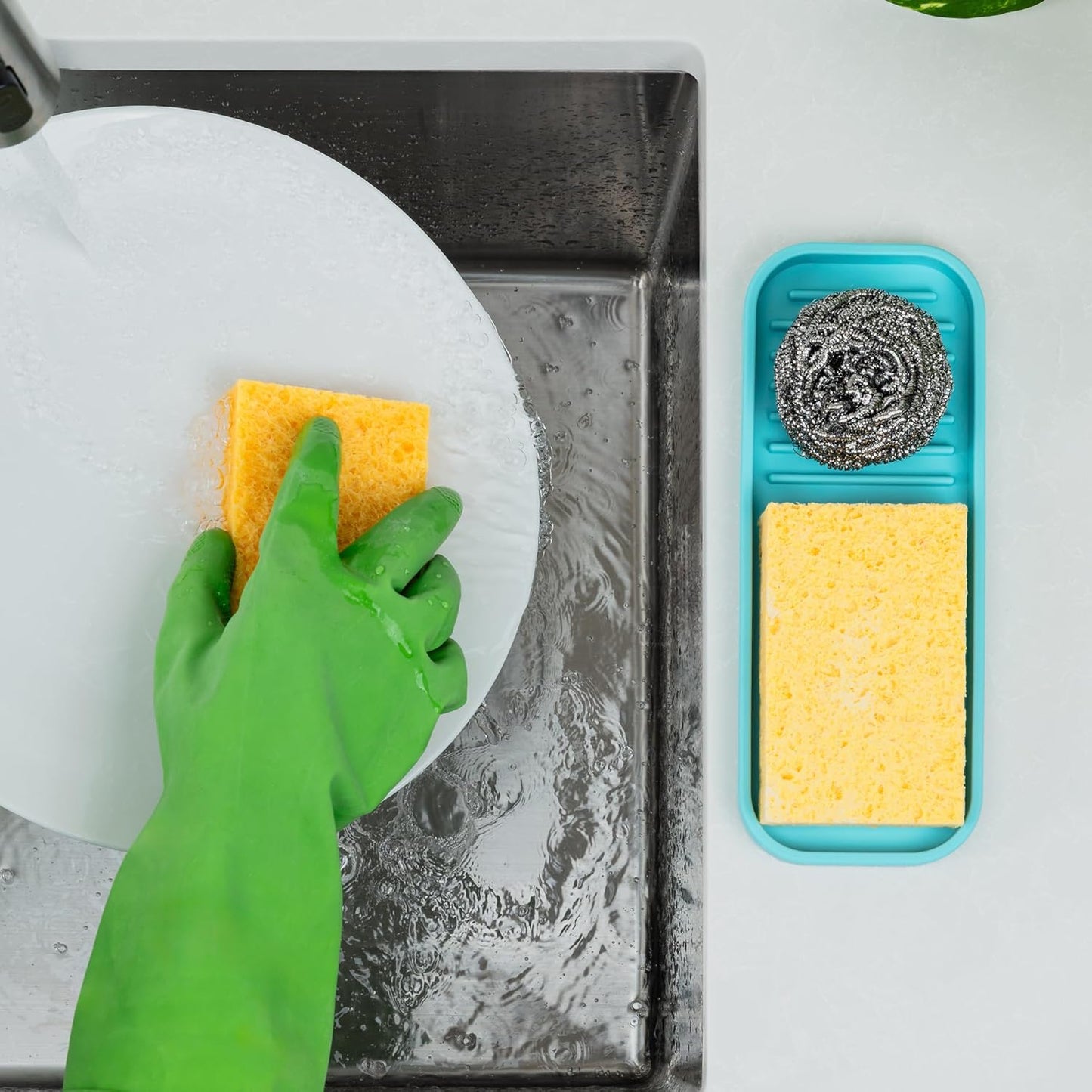 Zulay Kitchen (9x3.5) Silicone Sponge Holder for Kitchen Sink - Flexible Multipurpose Soap Tray Sponge Holder - Sink Organizer Tray for, Bathroom, Makeup, Trinkets & More (Aqua Sky)
