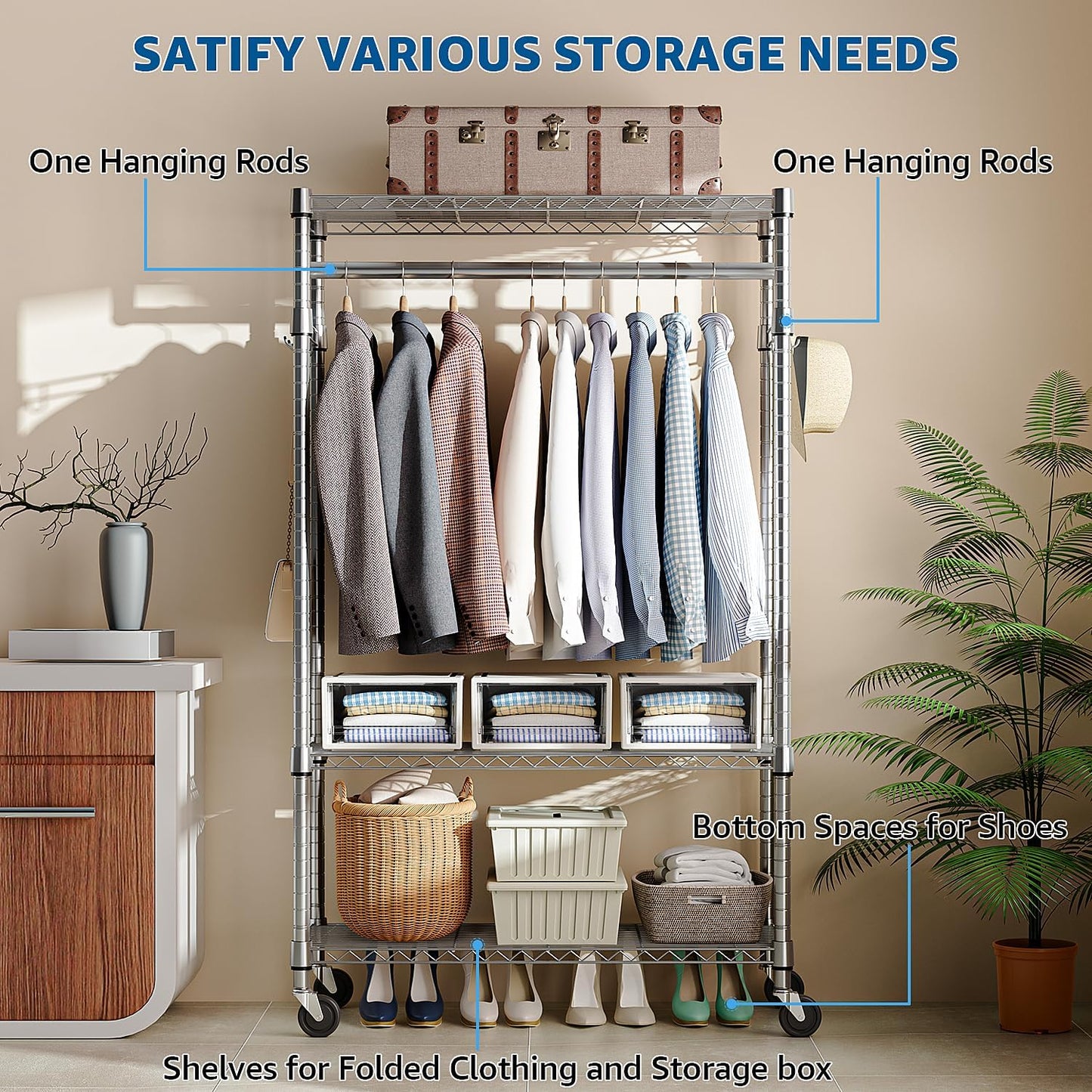 Heavy Duty Rolling Garment Rack 3 Tiers Adjustable Wire Shelving Clothes Rack with Rods and Side Hooks,Storage Closet Clothing Rack with Wheels Chrome 15.7" D x 29.5" W x 74.5" H