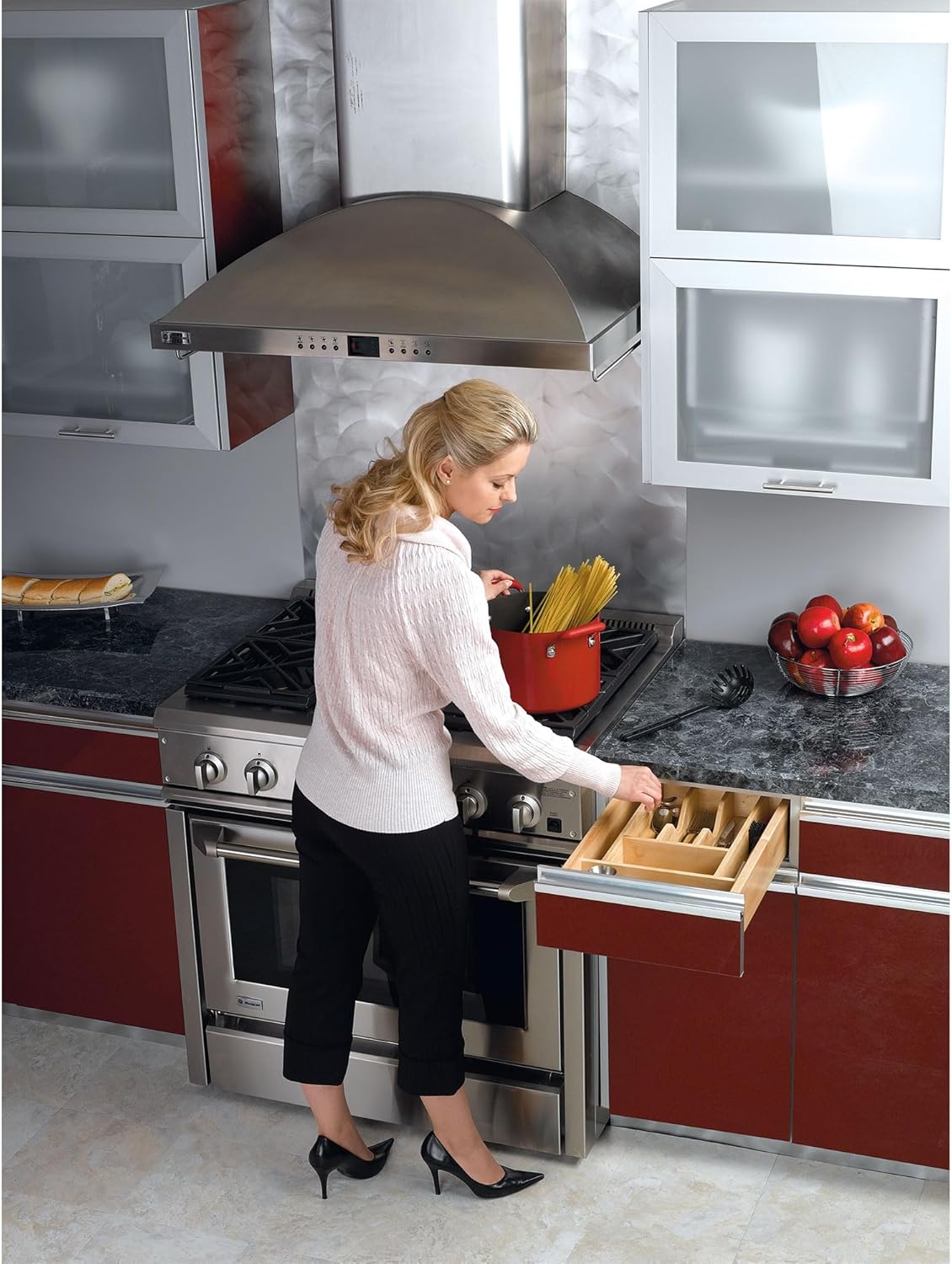 Rev-A-Shelf Trim-to-Fit Silverware Drawer Organizer For Kitchen Utensils, Cutlery Cabinet Storage Divider Insert, 18.5X22 X 2 7/8" D, Maple Wood, 4WUT-1