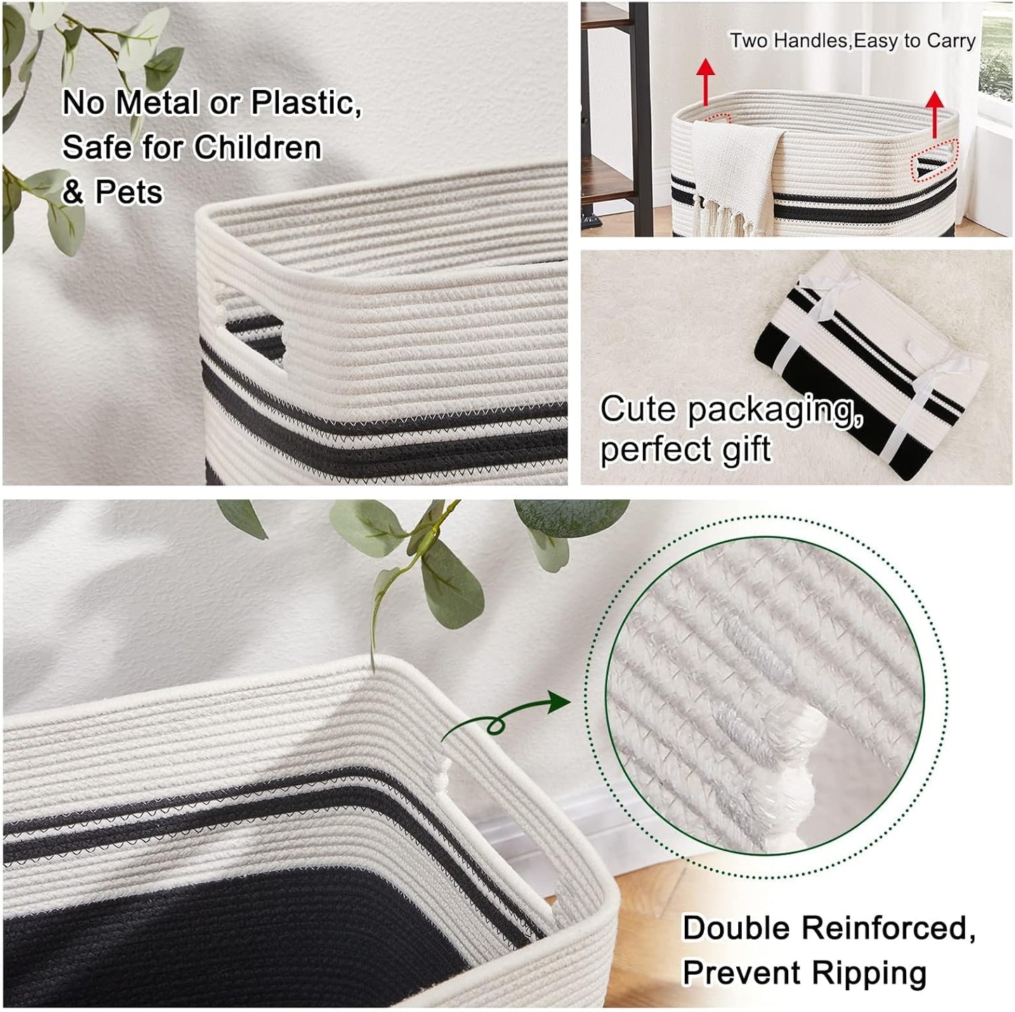 OIAHOMY 91L Laundry Hamper, XXXLarge Laundry Basket, Collapsible Cotton Rope Basket,Woven Storage Basket for Blankets,Clothes,Pillows-16x15x24-Black&white