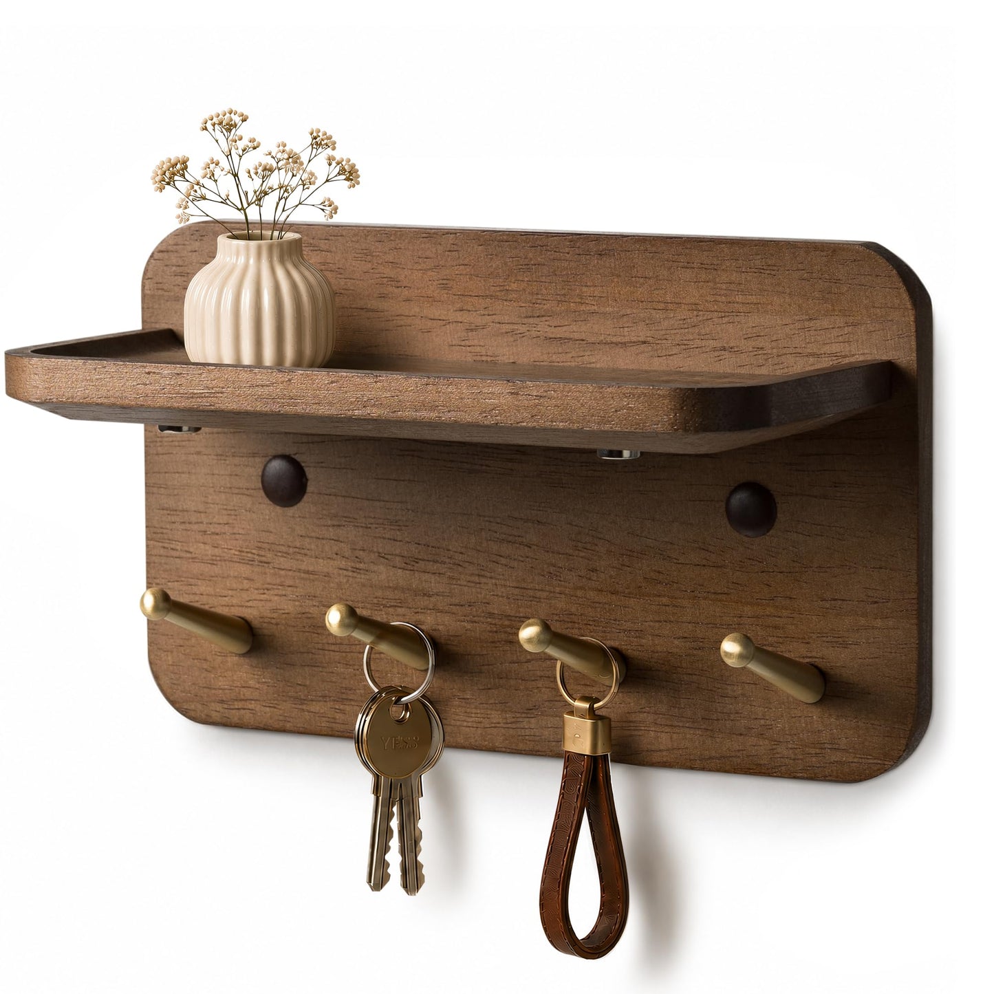 LEIRUOTM Key Holder Wall Mount, Solid Wood Key Holder for Wall with 4 Brass Hooks & Hidden Magnets