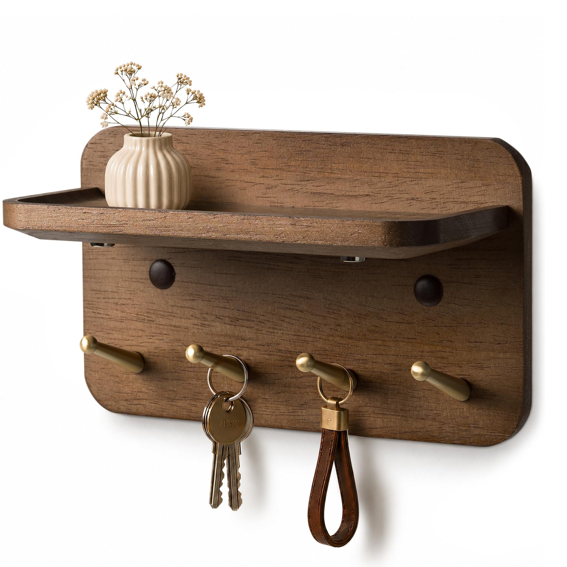 LEIRUOTM Key Holder Wall Mount, Solid Wood Key Holder for Wall with 4 Brass Hooks & Hidden Magnets