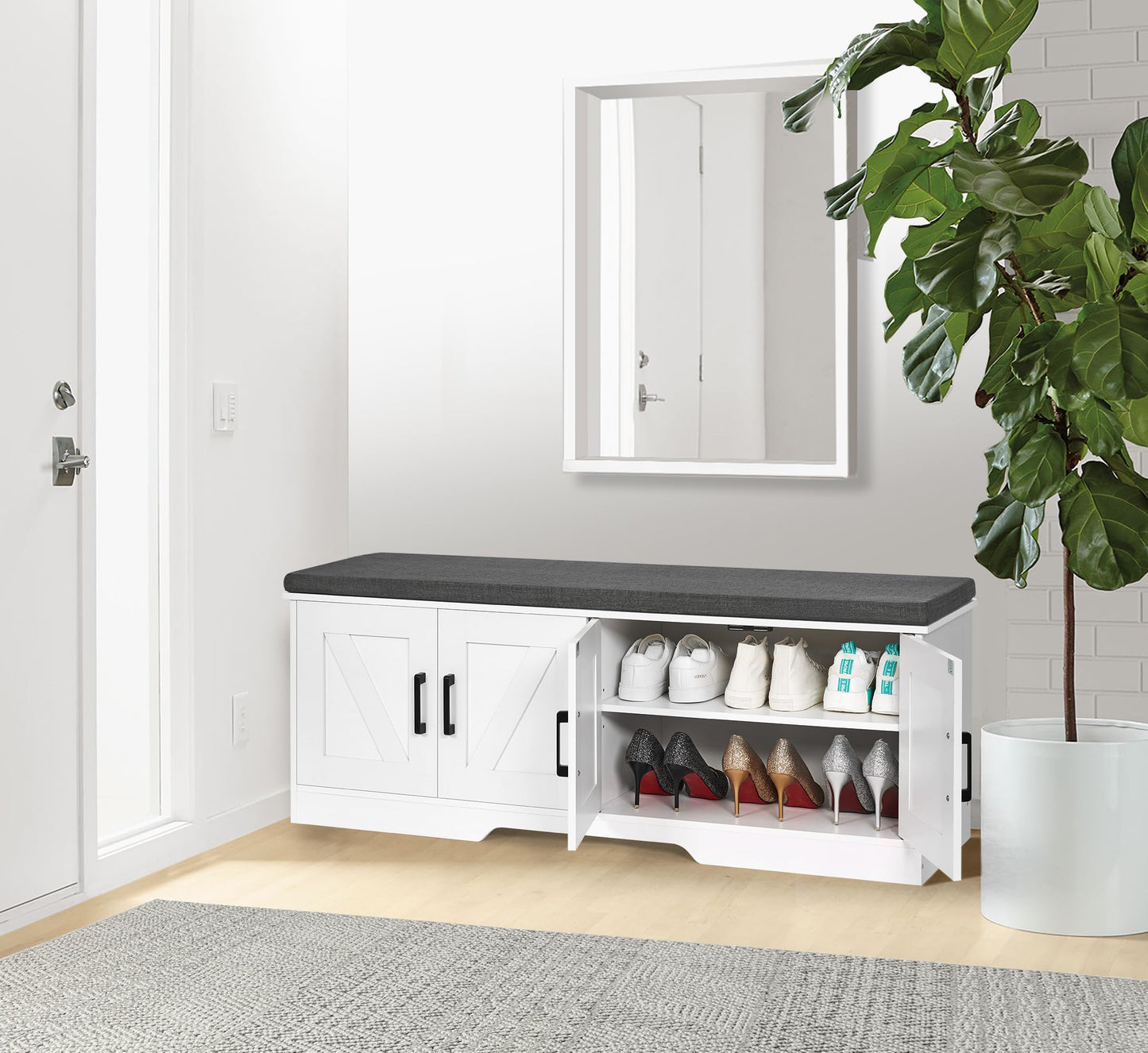 HOMSHO Farmhouse Shoe Storage Bench with 4 Barn Doors & Padded Seat Cushion