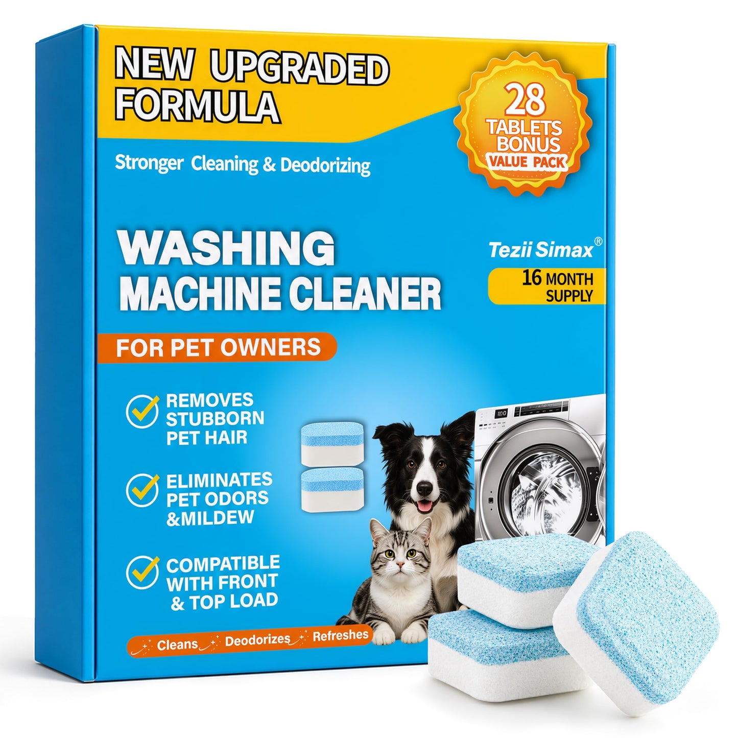 Tezii Simax 28 Pack Washing Machine Cleaner for Pet Owners, Natural Enzymes Lift Embedded Pet Hair