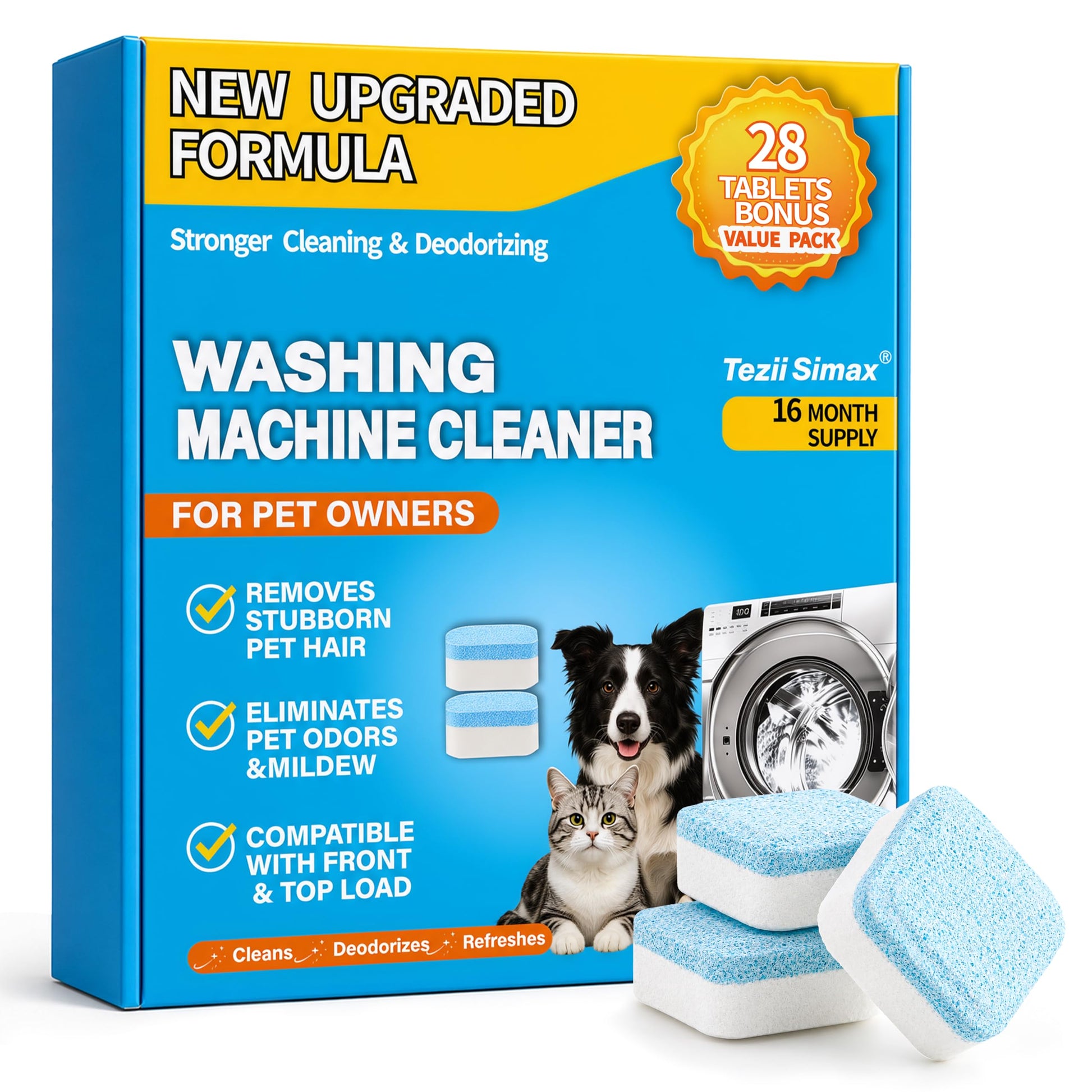 Tezii Simax 28 Pack Washing Machine Cleaner for Pet Owners, Natural Enzymes Lift Embedded Pet Hair