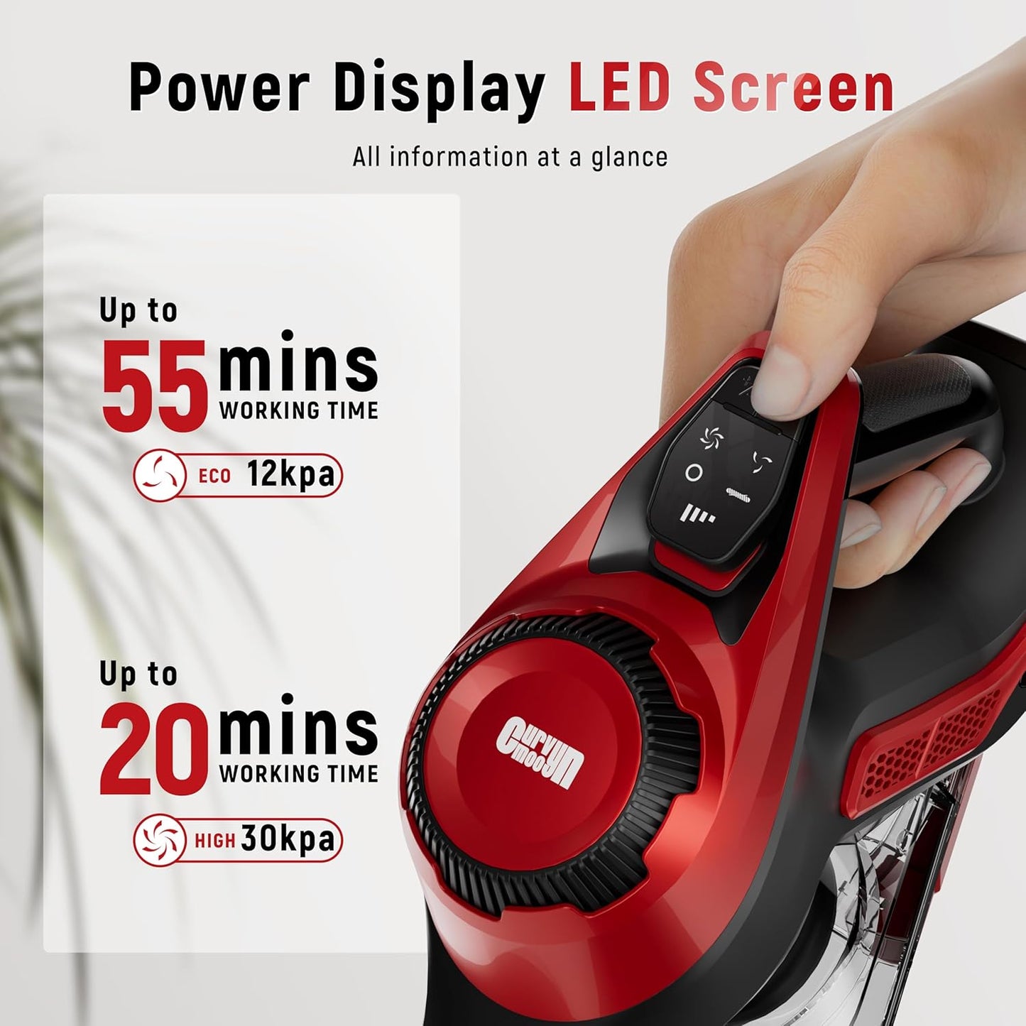 Cordless Vacuum Cleaner, 30Kpa Home Stick Vacuum, Smart Display & 1.5L Dust Cup, 55mins Max Runtime, Rechargeable Lightweight Handheld Vavuum for Pet Hair/Carpet/Hardwood Floor/Car (Red)