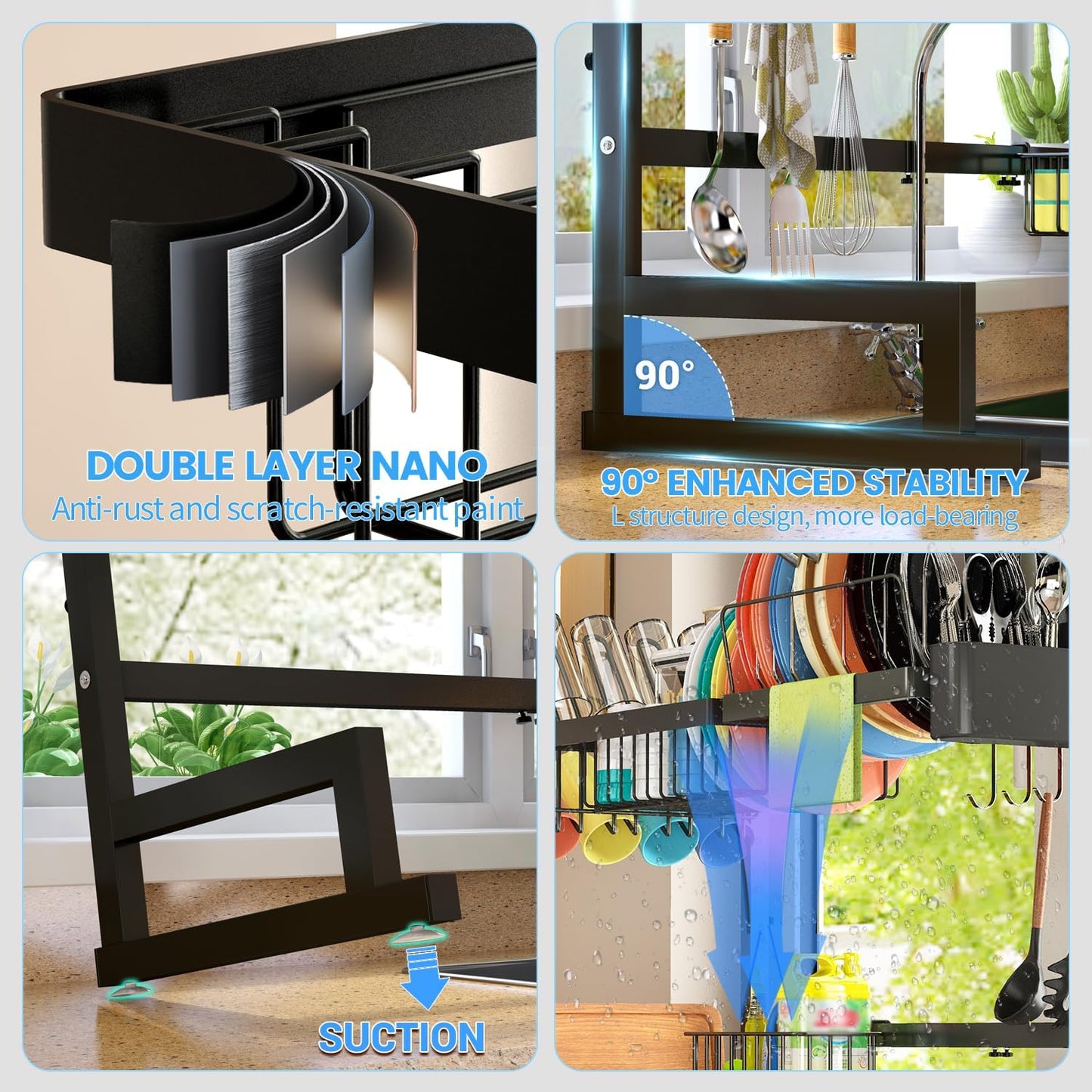 ADBIU 【Fit Sink 24"- 35.6" L 2024 Over The Sink Drying Rack (Expandable Dimension) Snap-On Design 2 Tier Large Dish Rack Kitchen Count Organization and Storage