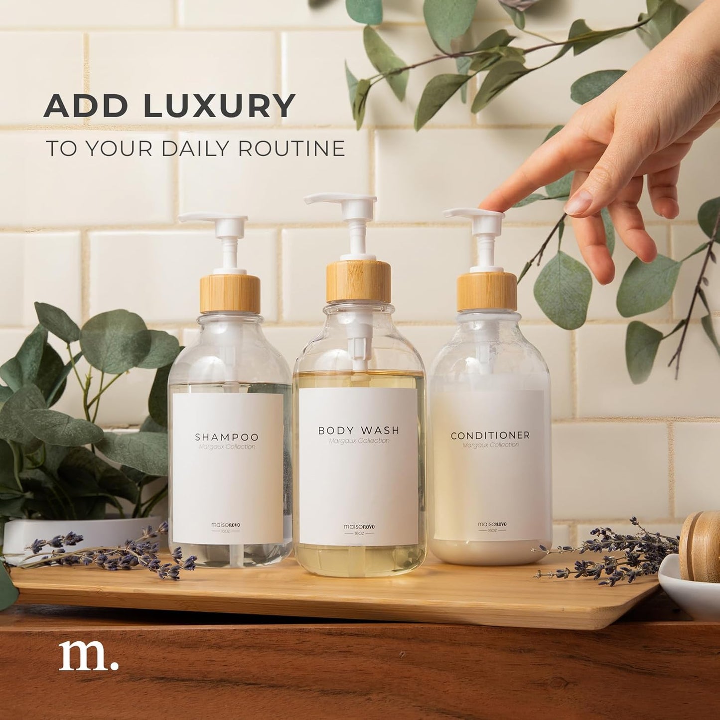 MaisoNovo Refillable Shampoo and Conditioner Bottles | 16.9 fl oz Set of 3 Clear Plastic Bottles White Bamboo Pumps