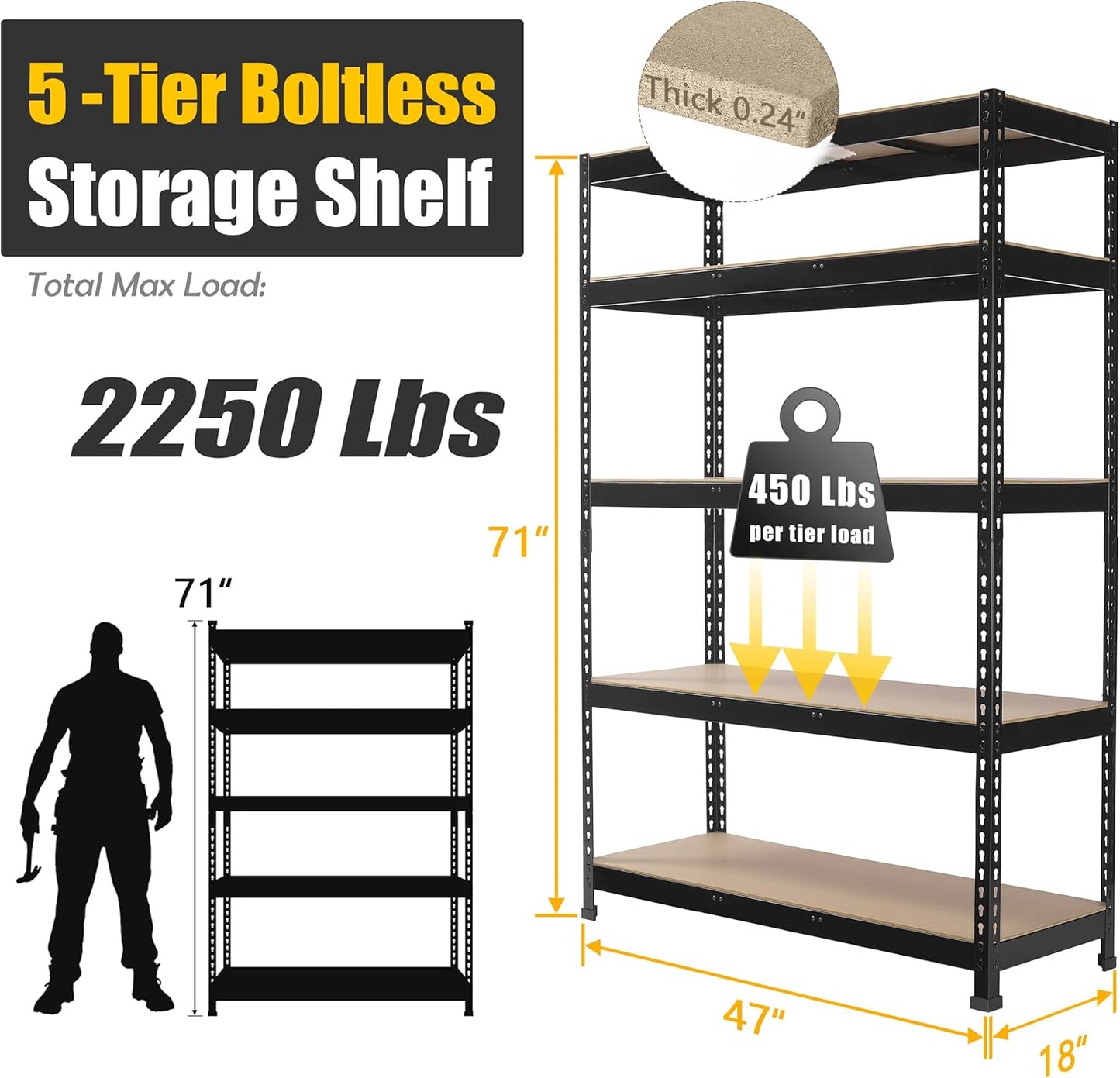 PrimeZone 4 Pack Heavy Duty Adjustable 5 Tier Garage Storage Shelves - 47" W x 18" D x 71" H, Metal Utility Rack Shelf Unit for Warehouse, Pantry, Closet, Kitchen, Black