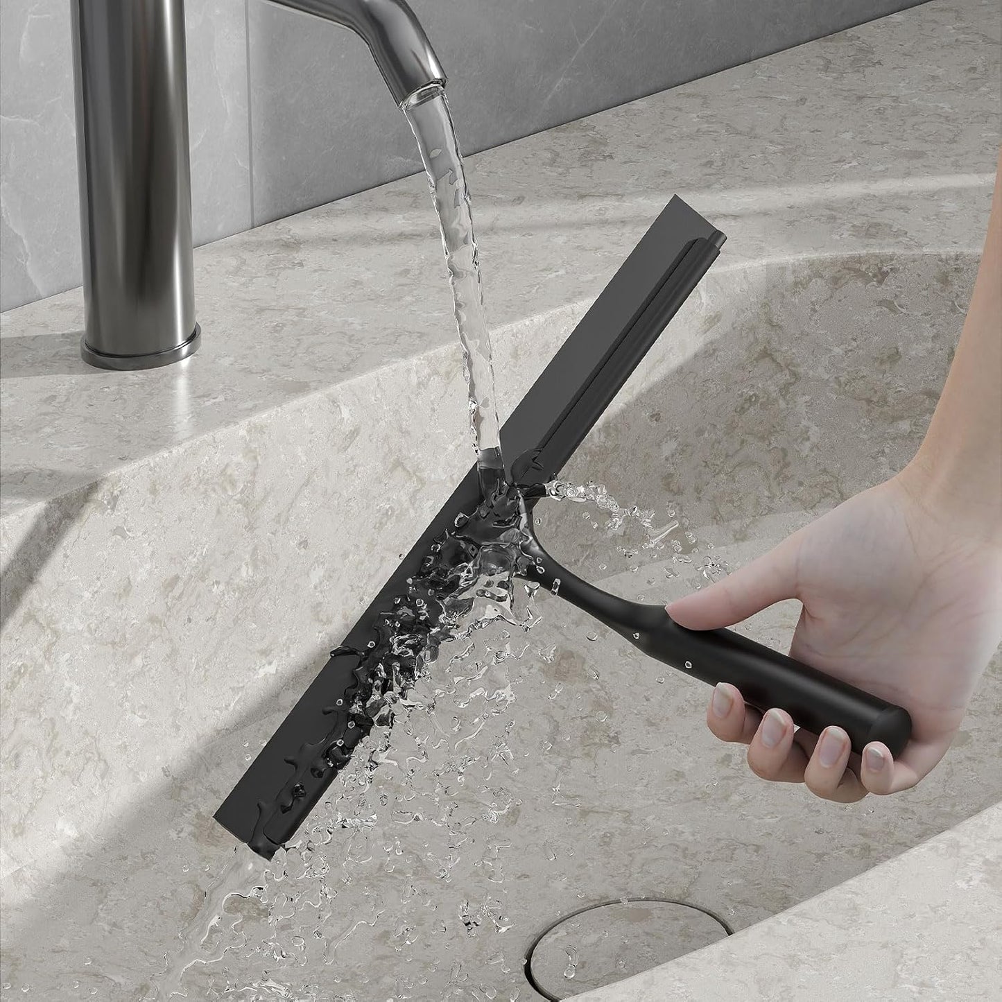 Shower Squeegee for Glass Doors, Shower Squeegee for Tile Shower Walls, Stainless Steel Squeegee for Bathroom, Windows and Mirrors with Storage Hook-12”, Black